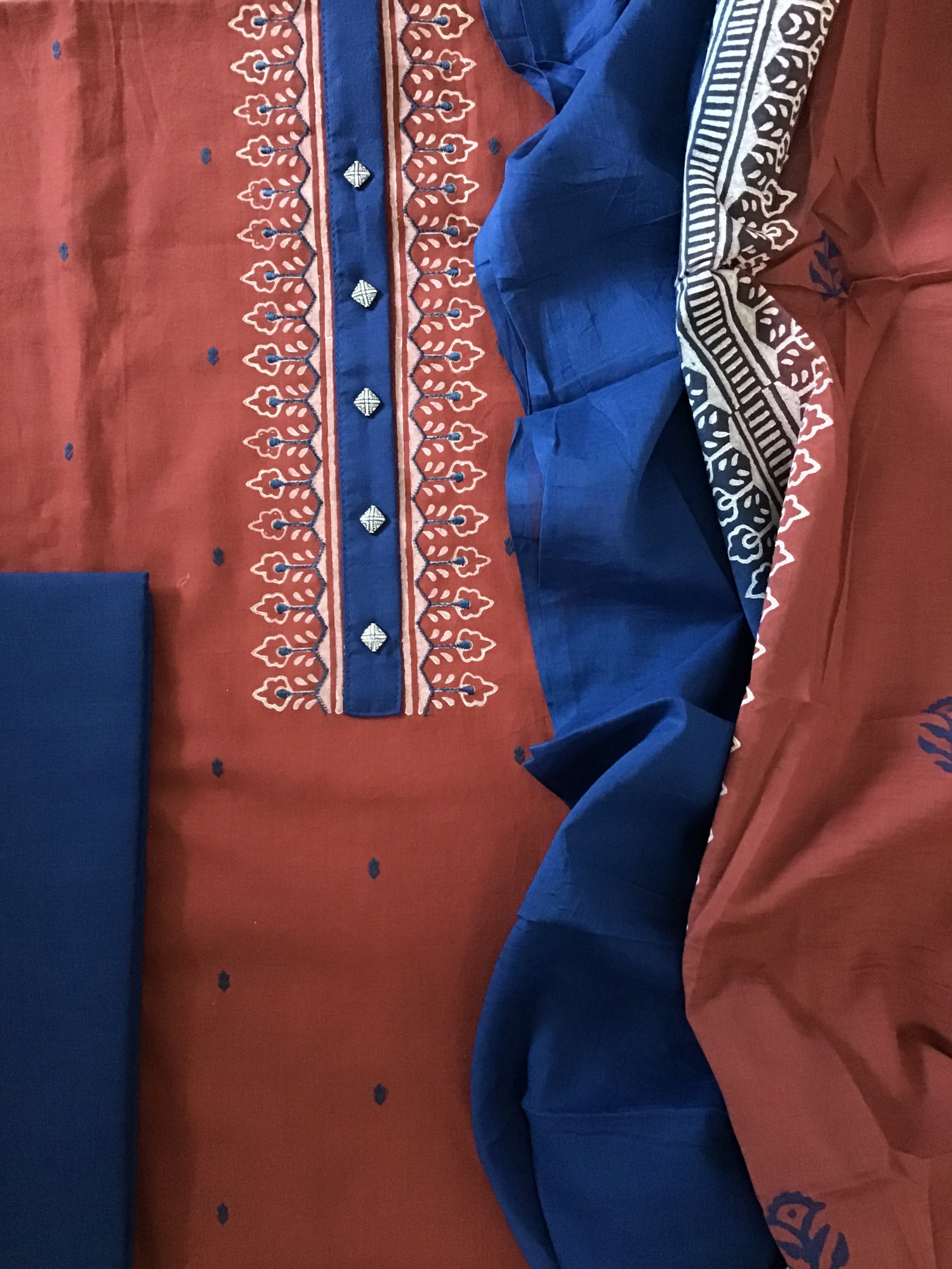 Pure Cotton Self Weaved Embroidered Suit - Red