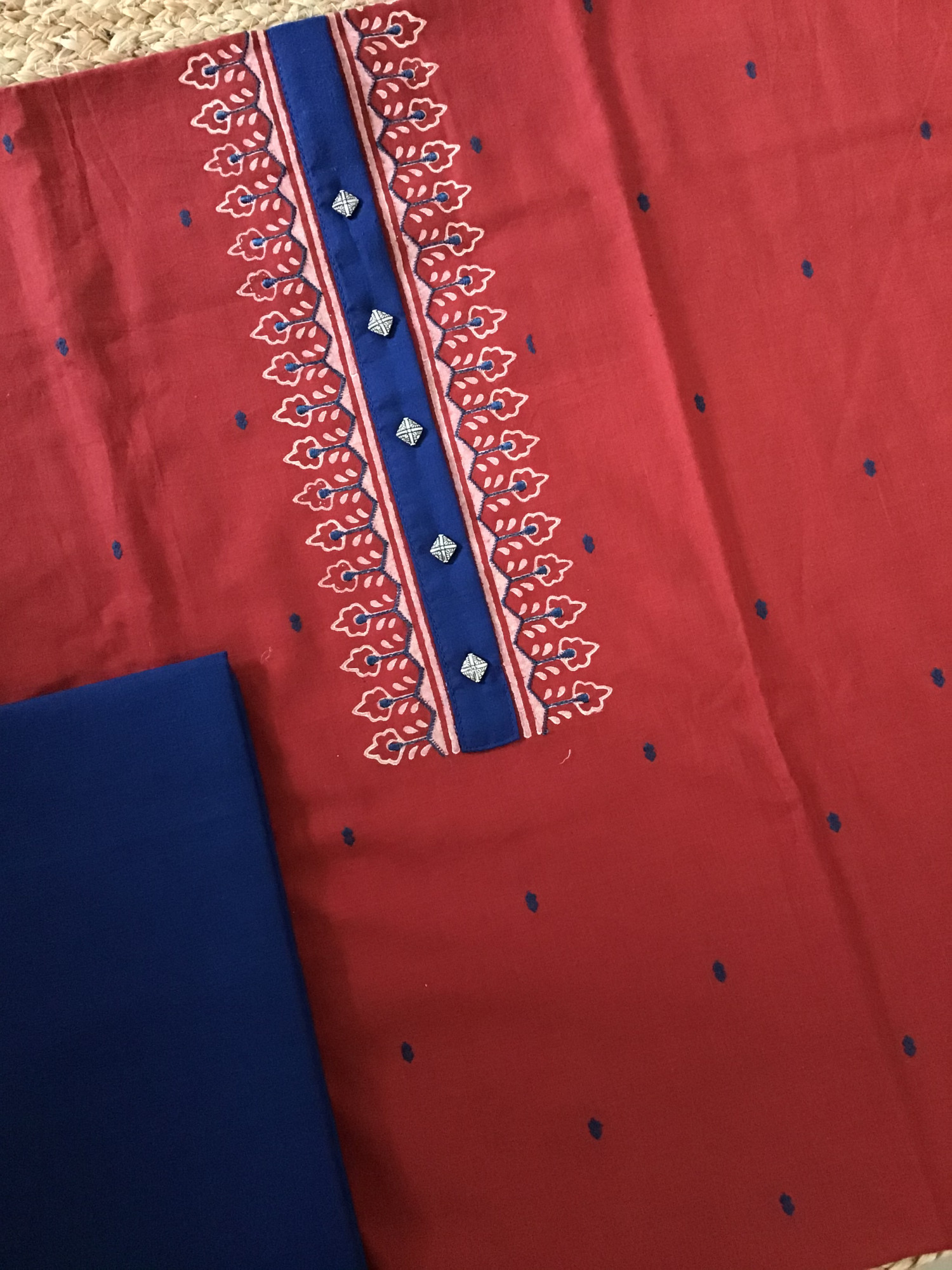 Pure Cotton Self Weaved Embroidered Suit - Red