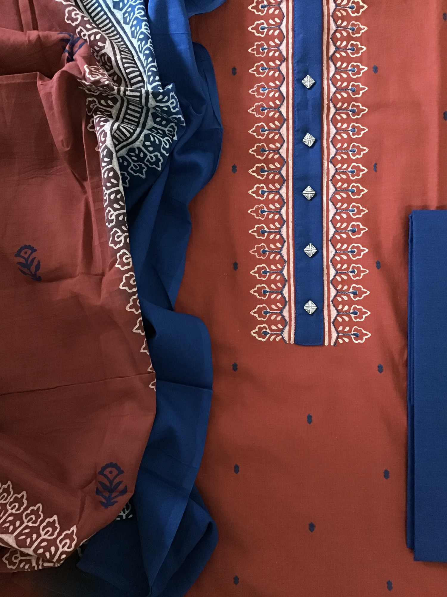 Pure Cotton Self Weaved Embroidered Suit - Red