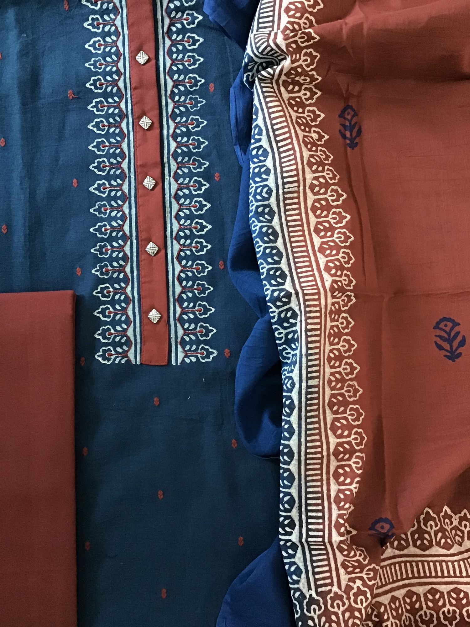 Pure Cotton Self Weaved Embroidered Suit - Blue