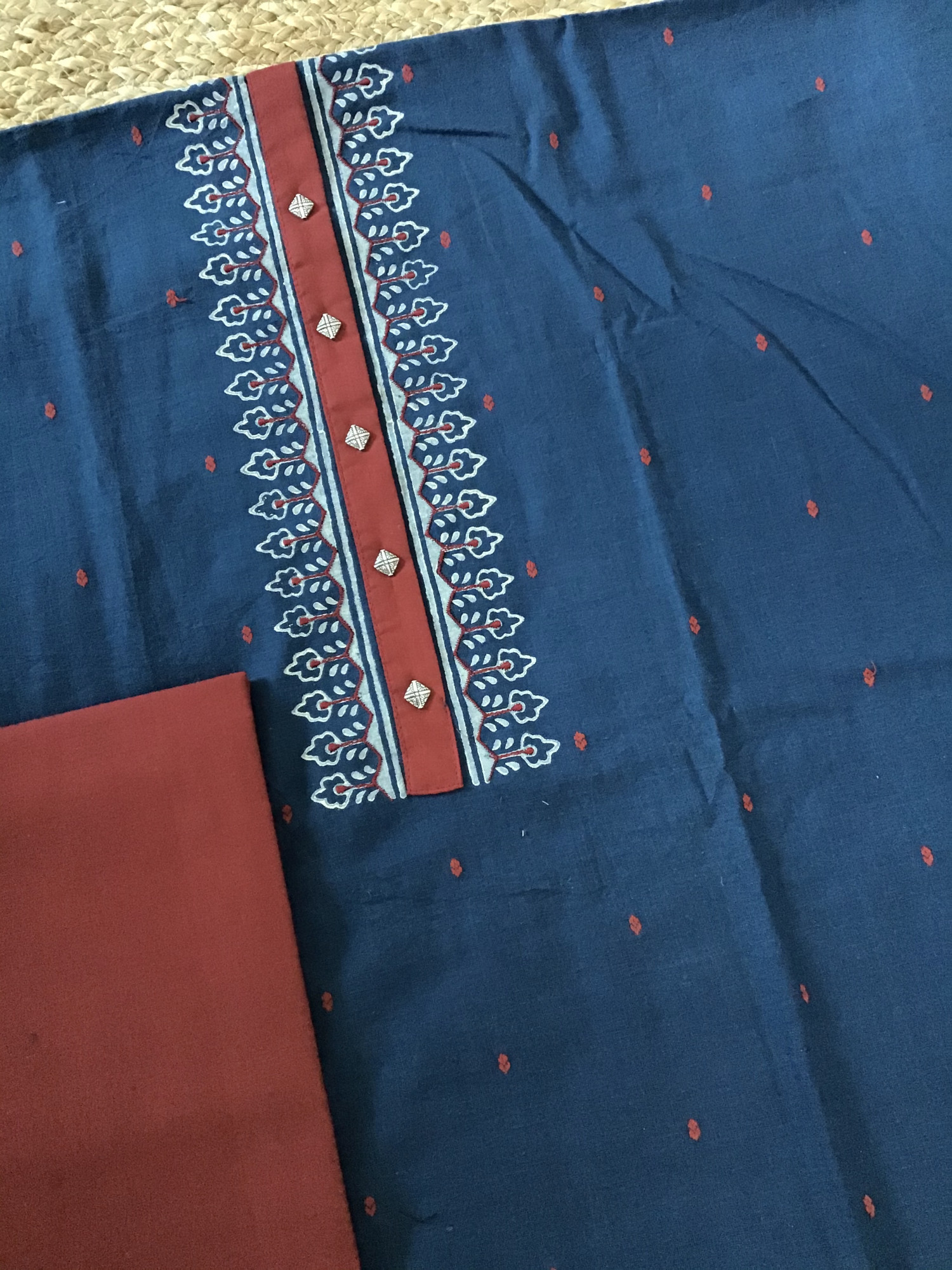 Pure Cotton Self Weaved Embroidered Suit - Blue