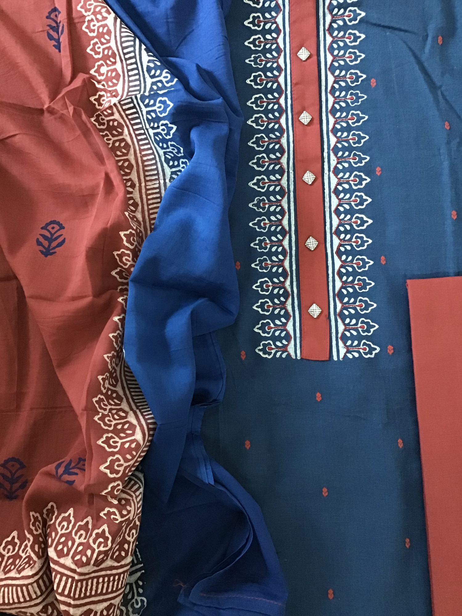 Pure Cotton Self Weaved Embroidered Suit - Blue