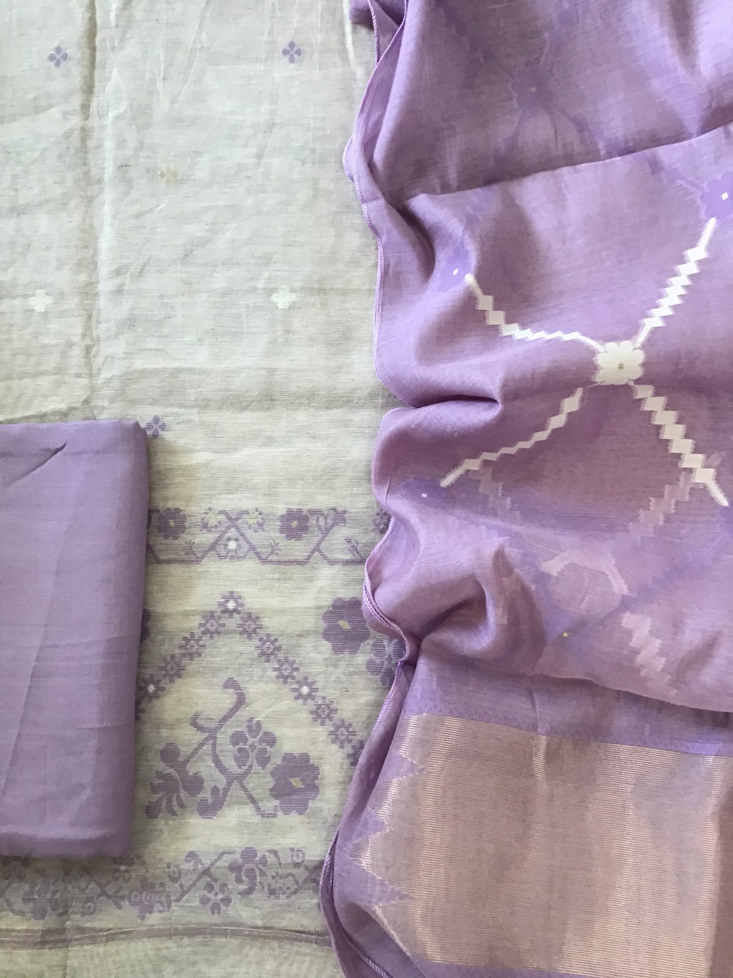 Soft Slub Chanderi Jamdani Weaved Embroidered Suit - BeigePurple