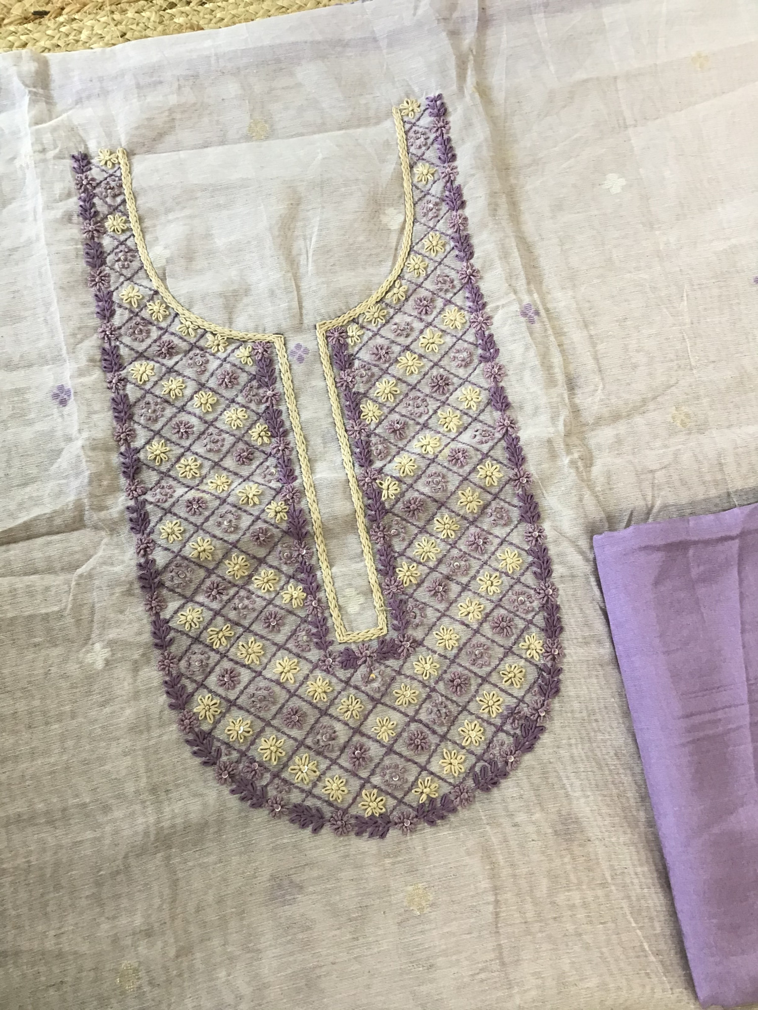 Soft Slub Chanderi Jamdani Weaved Embroidered Suit - BeigePurple