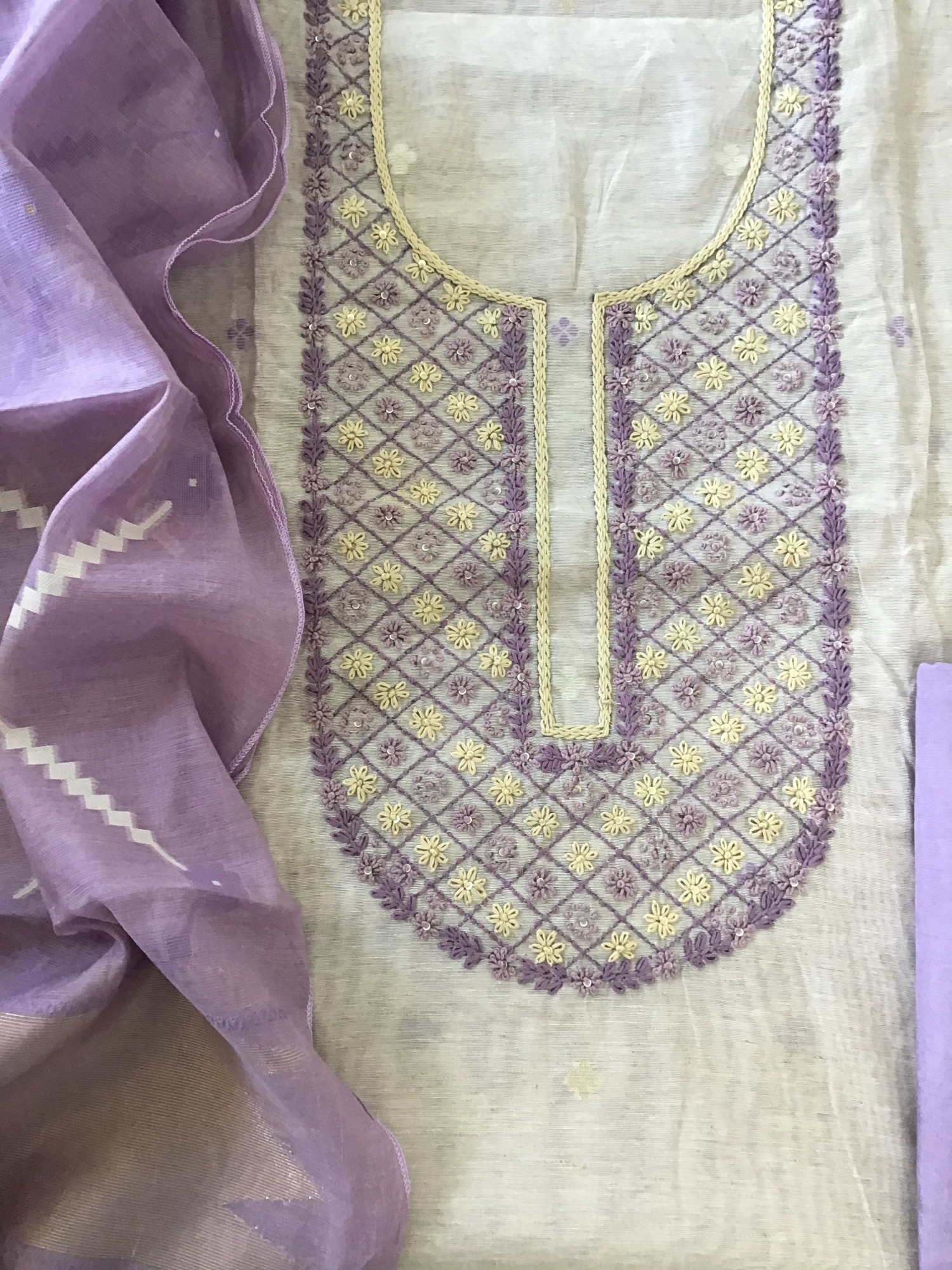 Soft Slub Chanderi Jamdani Weaved Embroidered Suit - BeigePurple