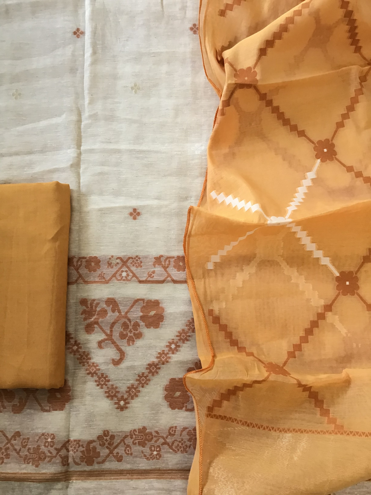 Soft Slub Chanderi Jamdani Weaved Embroidered Suit - BeigeYellow