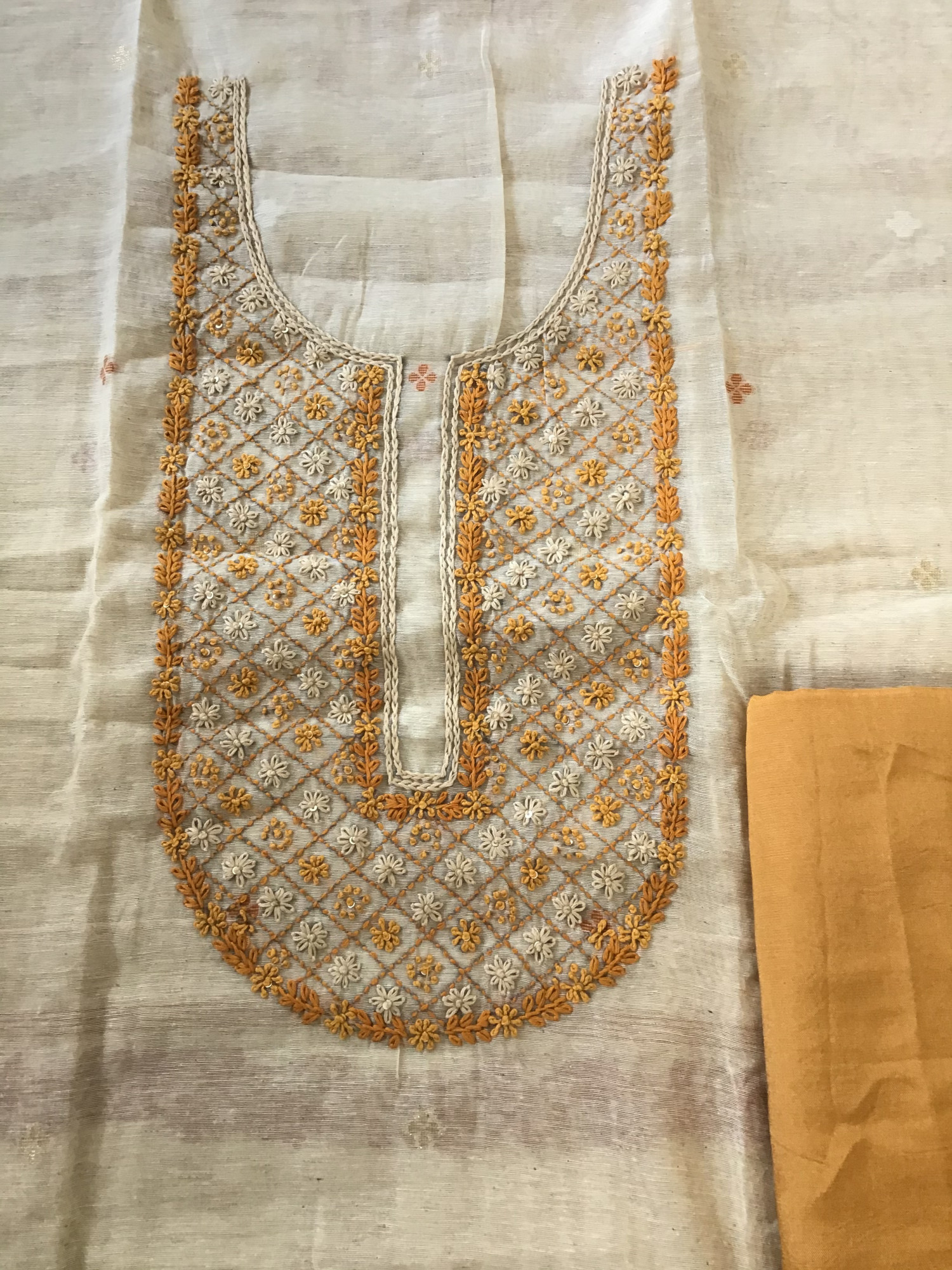 Soft Slub Chanderi Jamdani Weaved Embroidered Suit - BeigeYellow