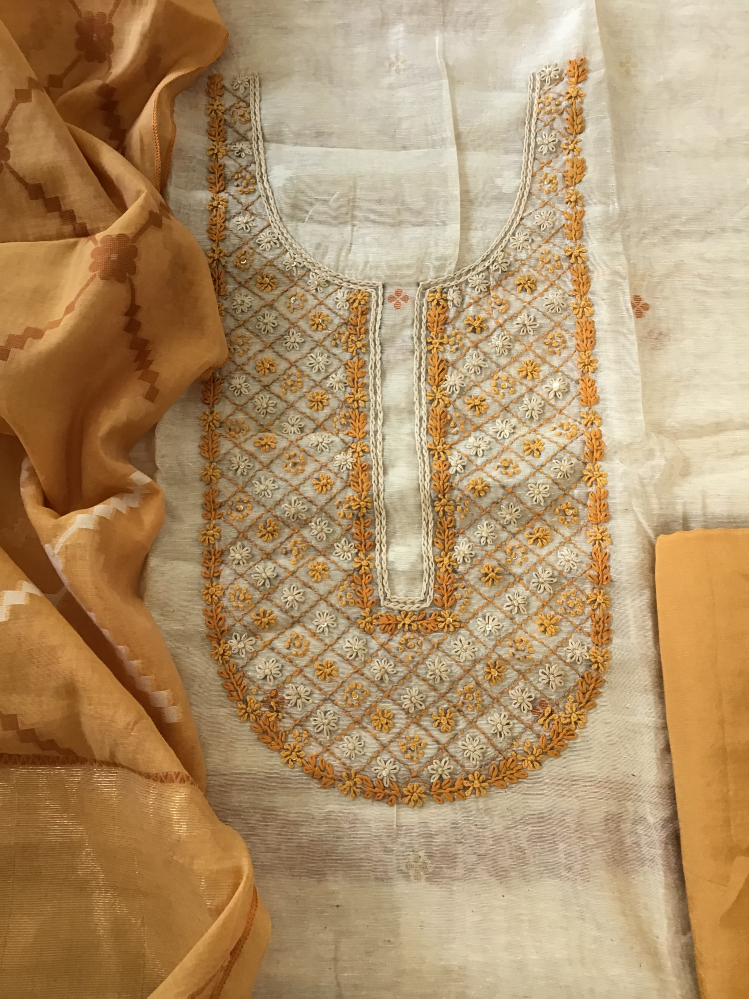 Soft Slub Chanderi Jamdani Weaved Embroidered Suit - BeigeYellow