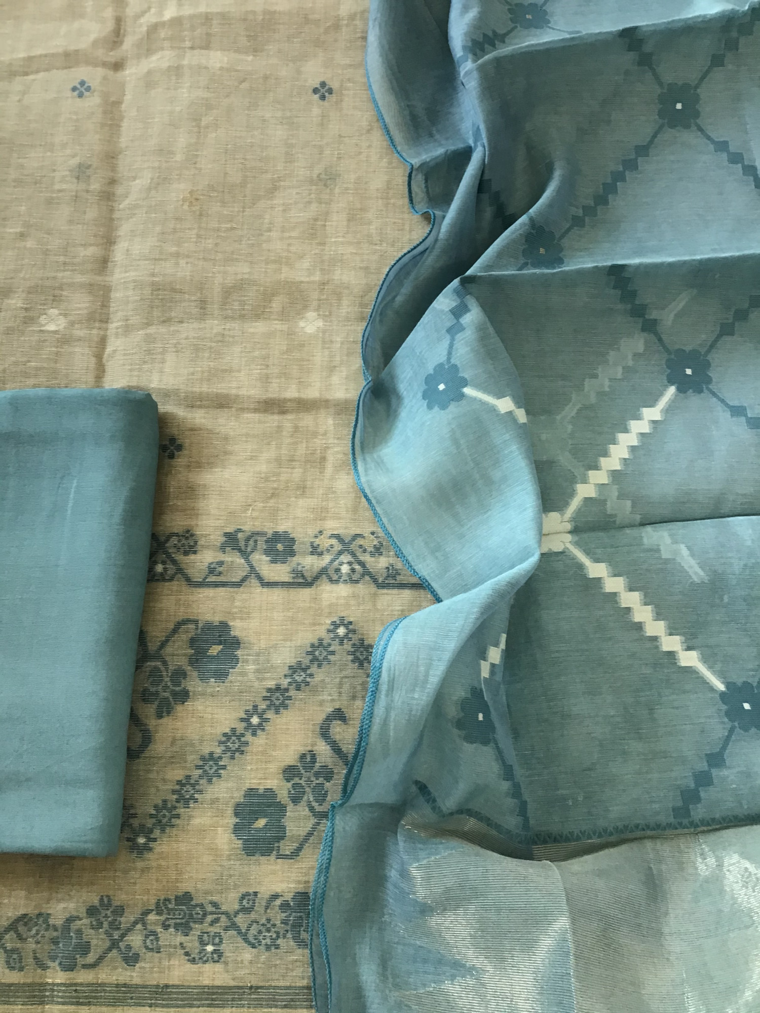 Soft Slub Chanderi Jamdani Weaved Embroidered Suit - BeigeBlue