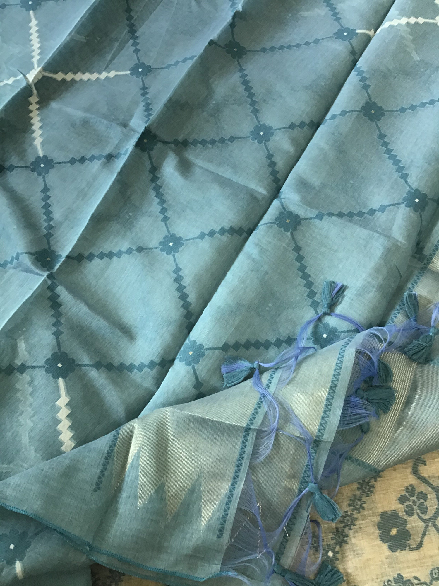 Soft Slub Chanderi Jamdani Weaved Embroidered Suit - BeigeBlue