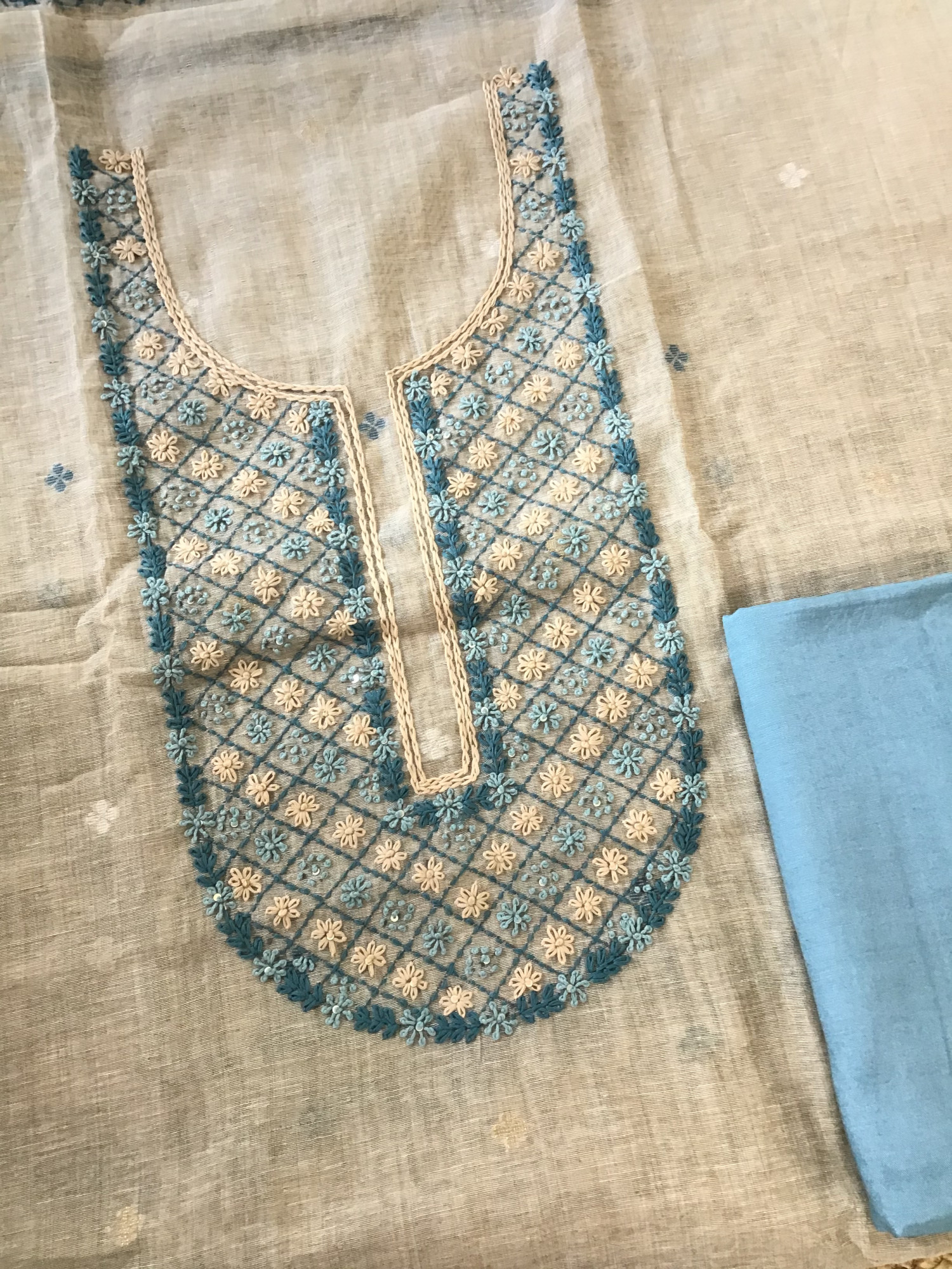 Soft Slub Chanderi Jamdani Weaved Embroidered Suit - BeigeBlue