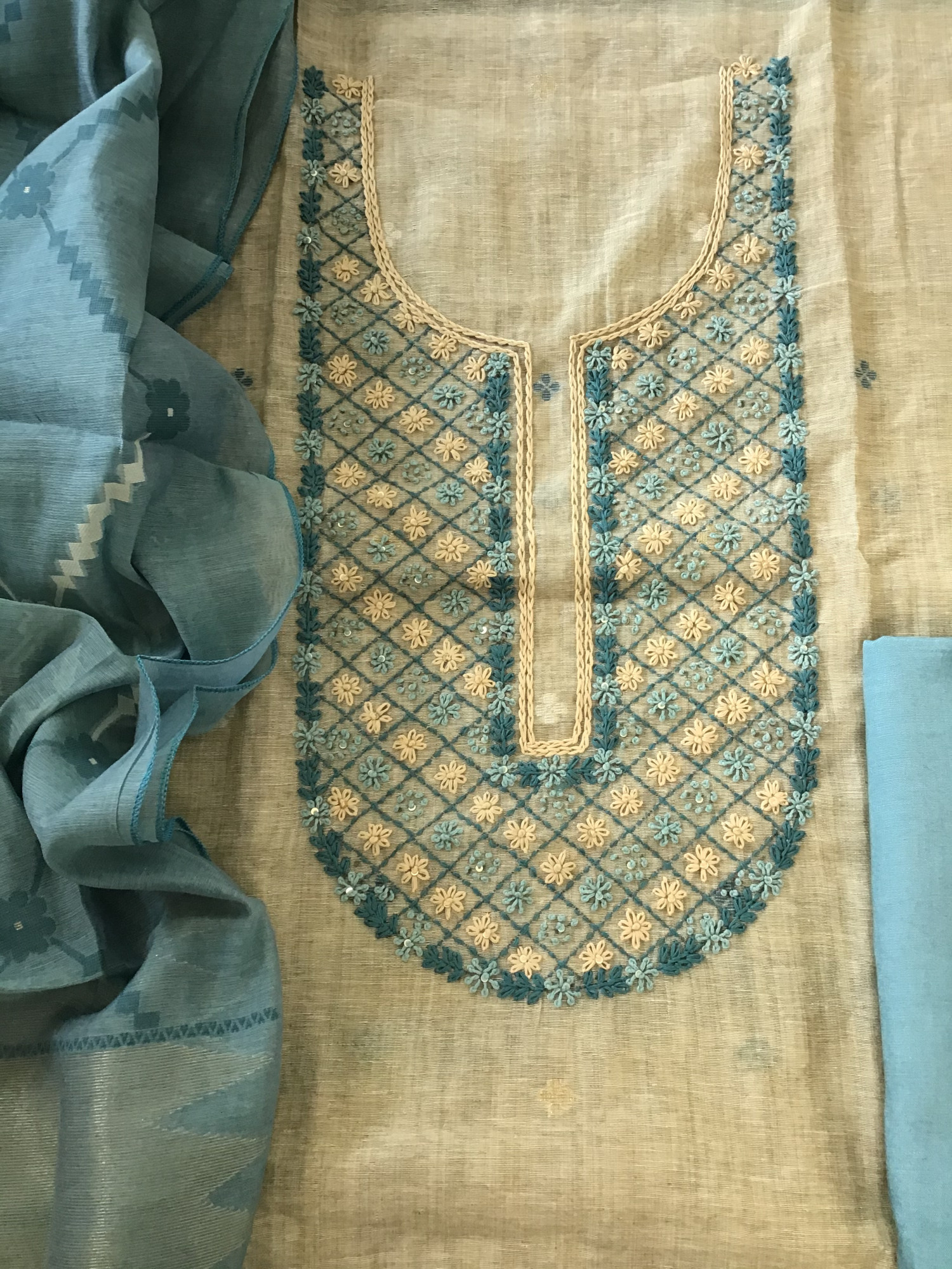Soft Slub Chanderi Jamdani Weaved Embroidered Suit - BeigeBlue
