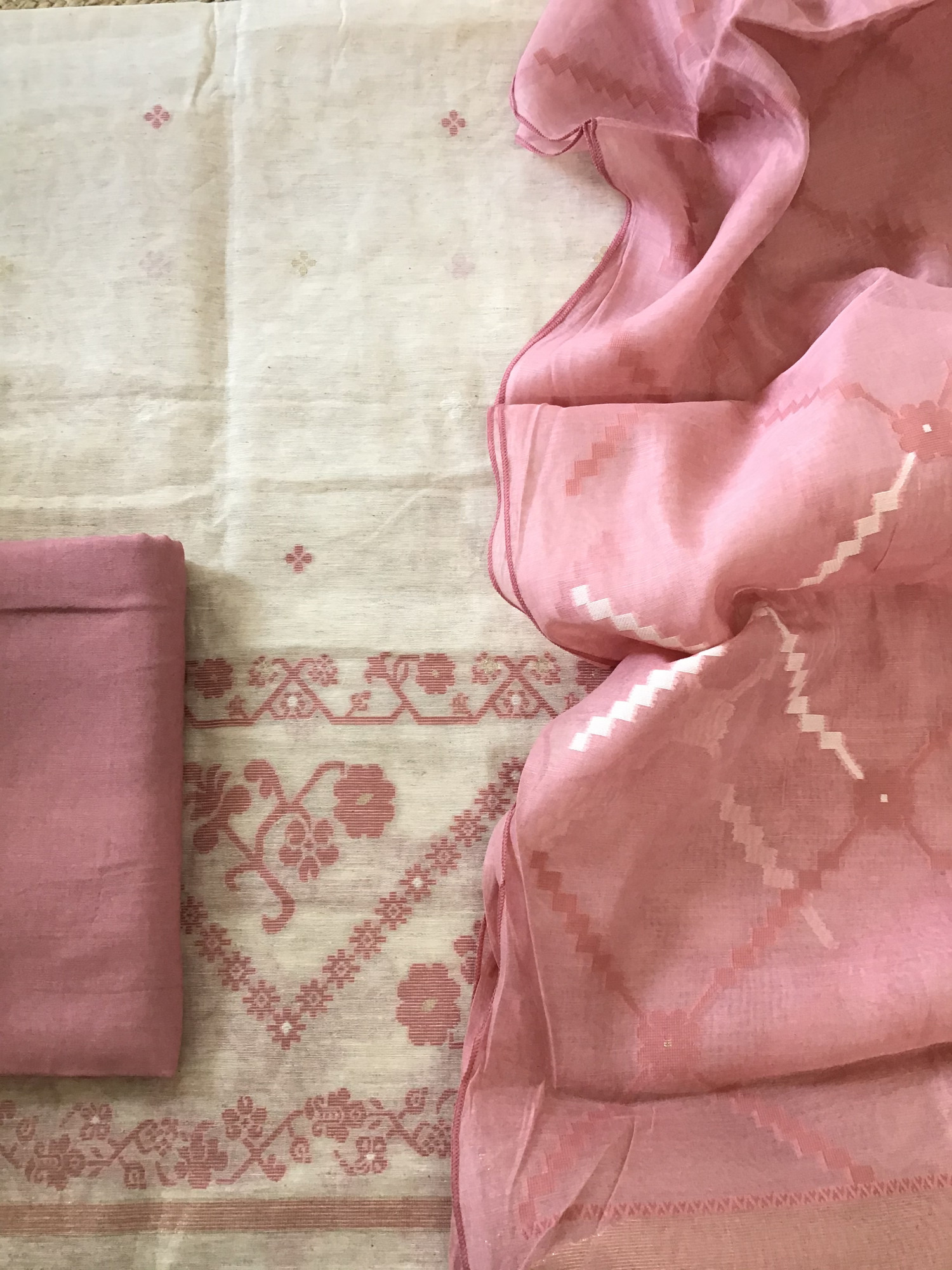 Soft Slub Chanderi Jamdani Weaved Embroidered Suit - BeigePink