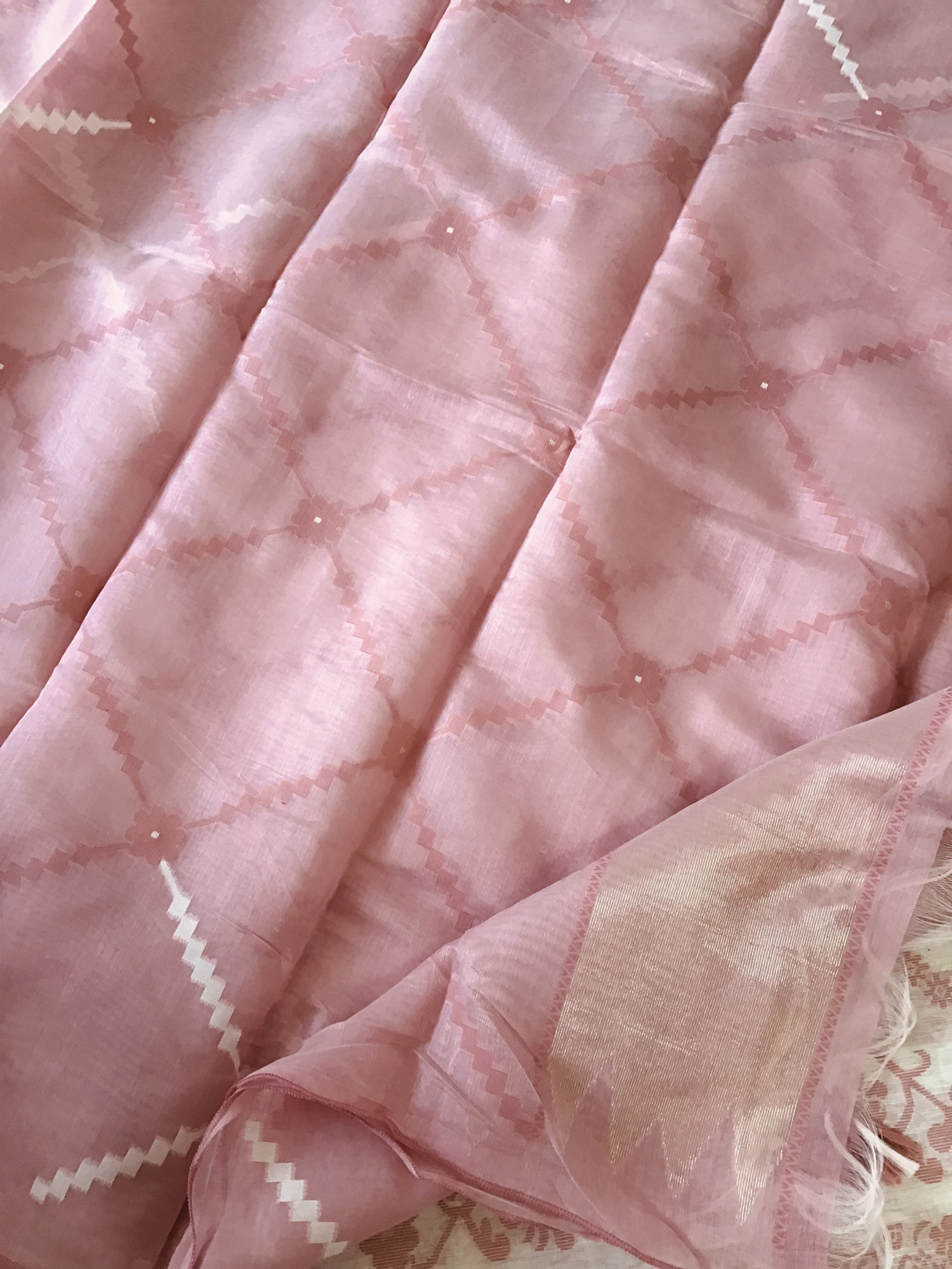 Soft Slub Chanderi Jamdani Weaved Embroidered Suit - BeigePink