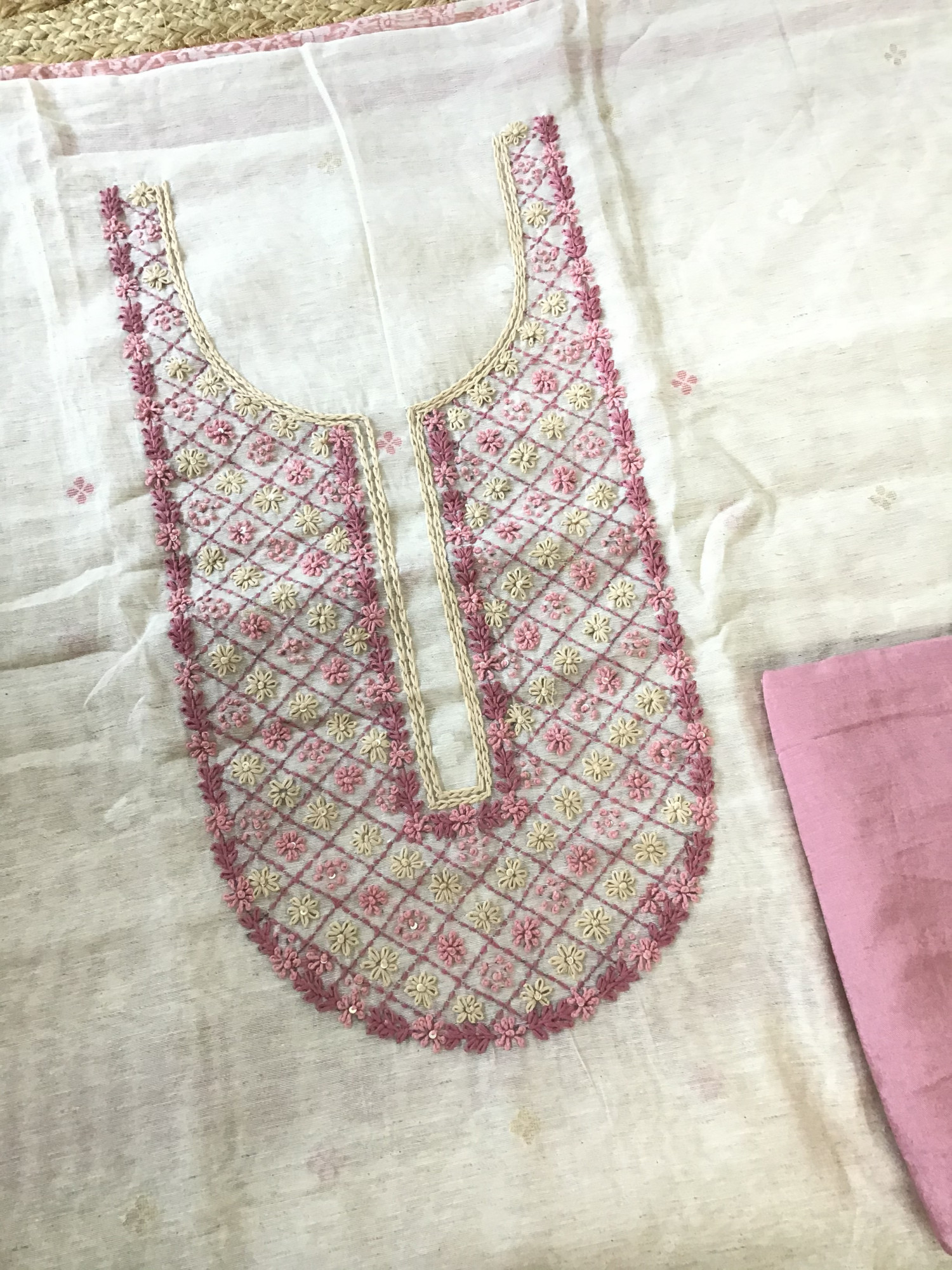 Soft Slub Chanderi Jamdani Weaved Embroidered Suit - BeigePink