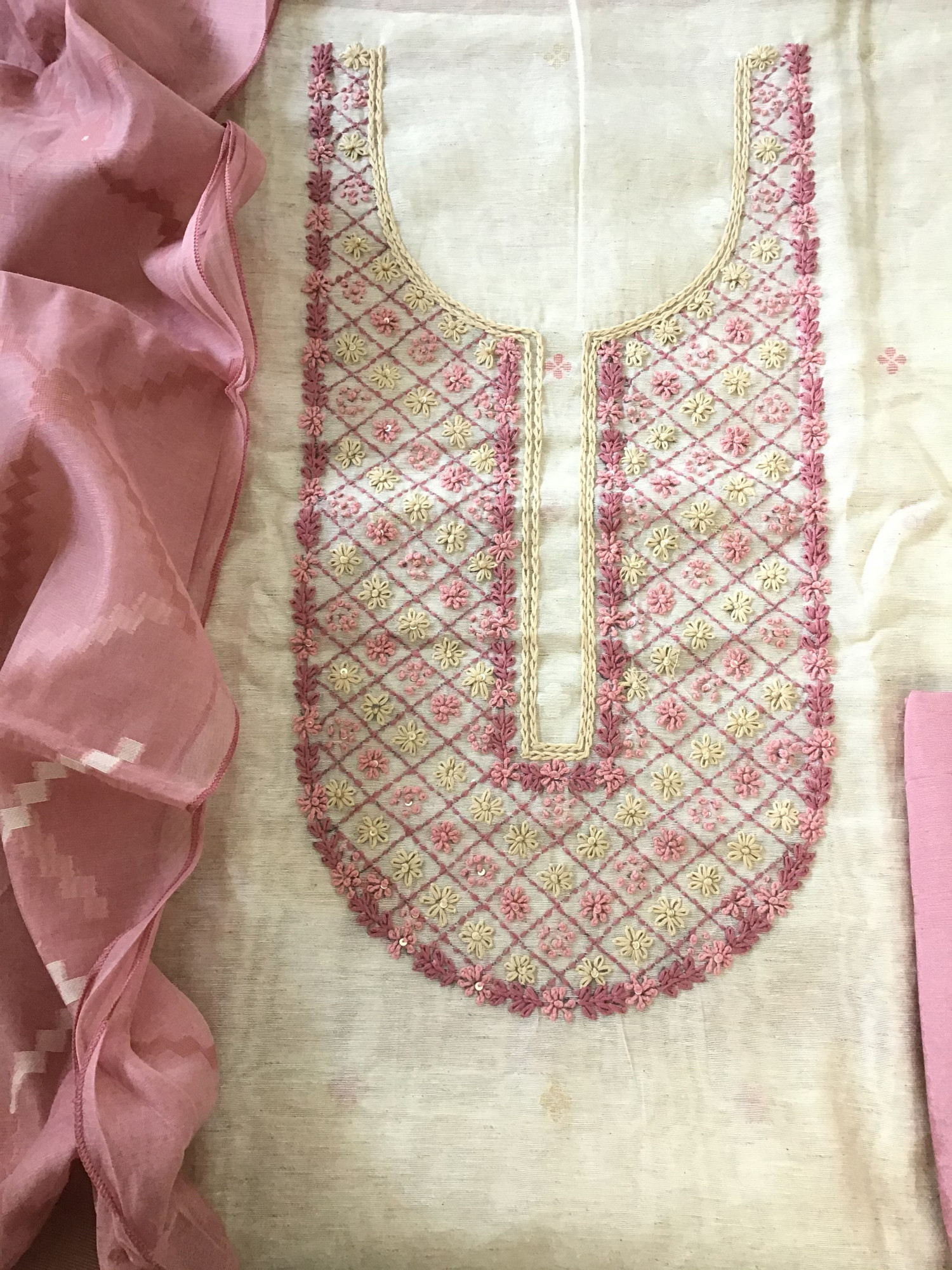 Soft Slub Chanderi Jamdani Weaved Embroidered Suit - BeigePink