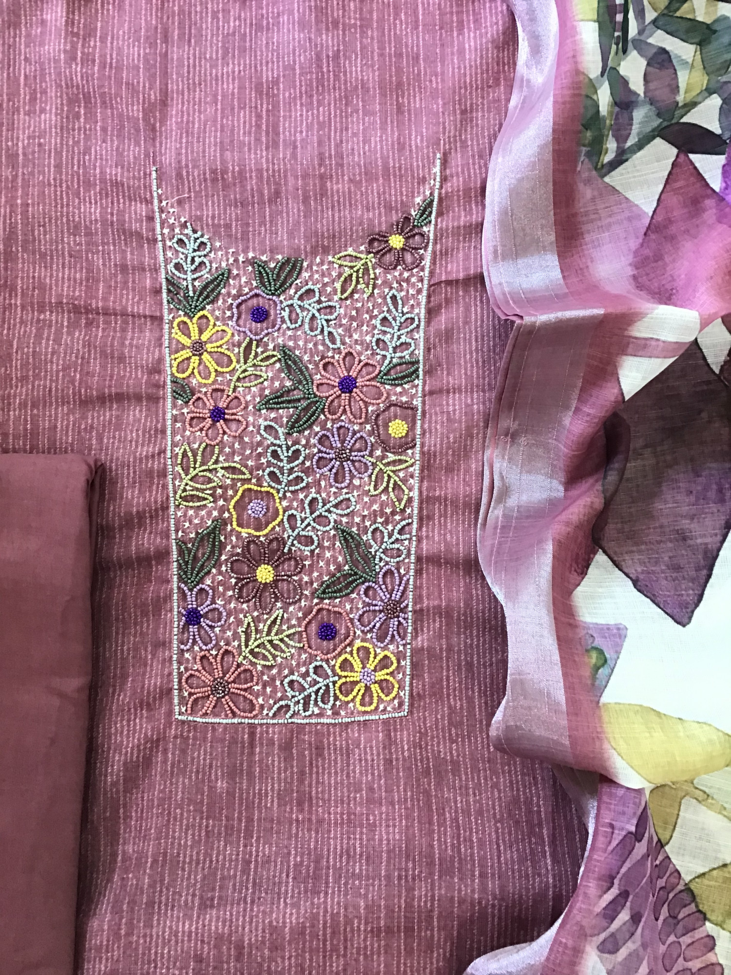 Soft Kota Cotton Printed Embroidered Suit - Pink