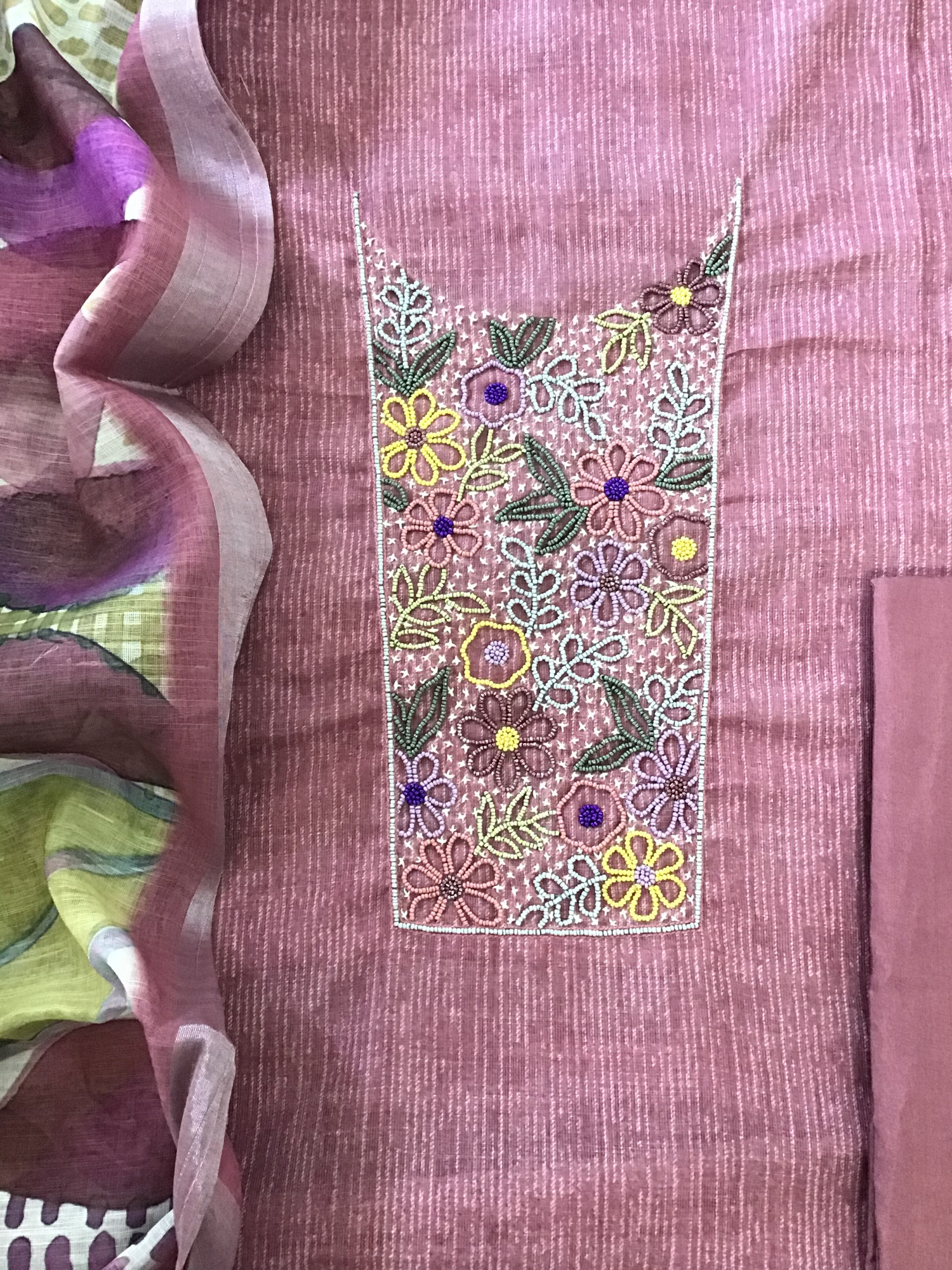 Soft Kota Cotton Printed Embroidered Suit - Pink