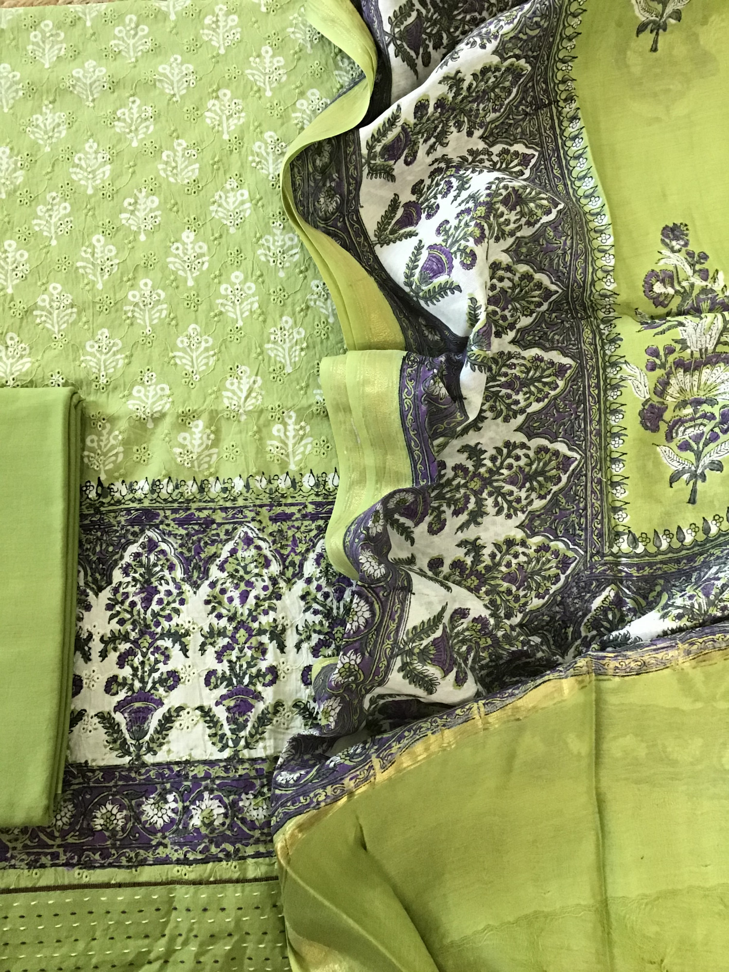 Pure Cotton Printed Embroidered Suit - Green