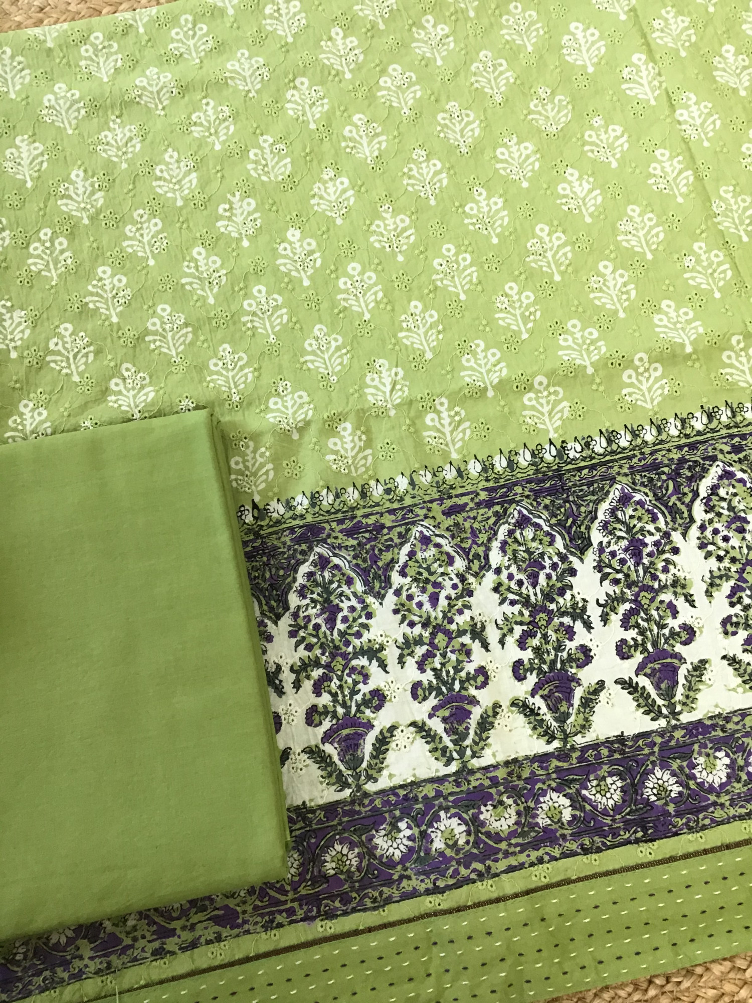 Pure Cotton Printed Embroidered Suit - Green