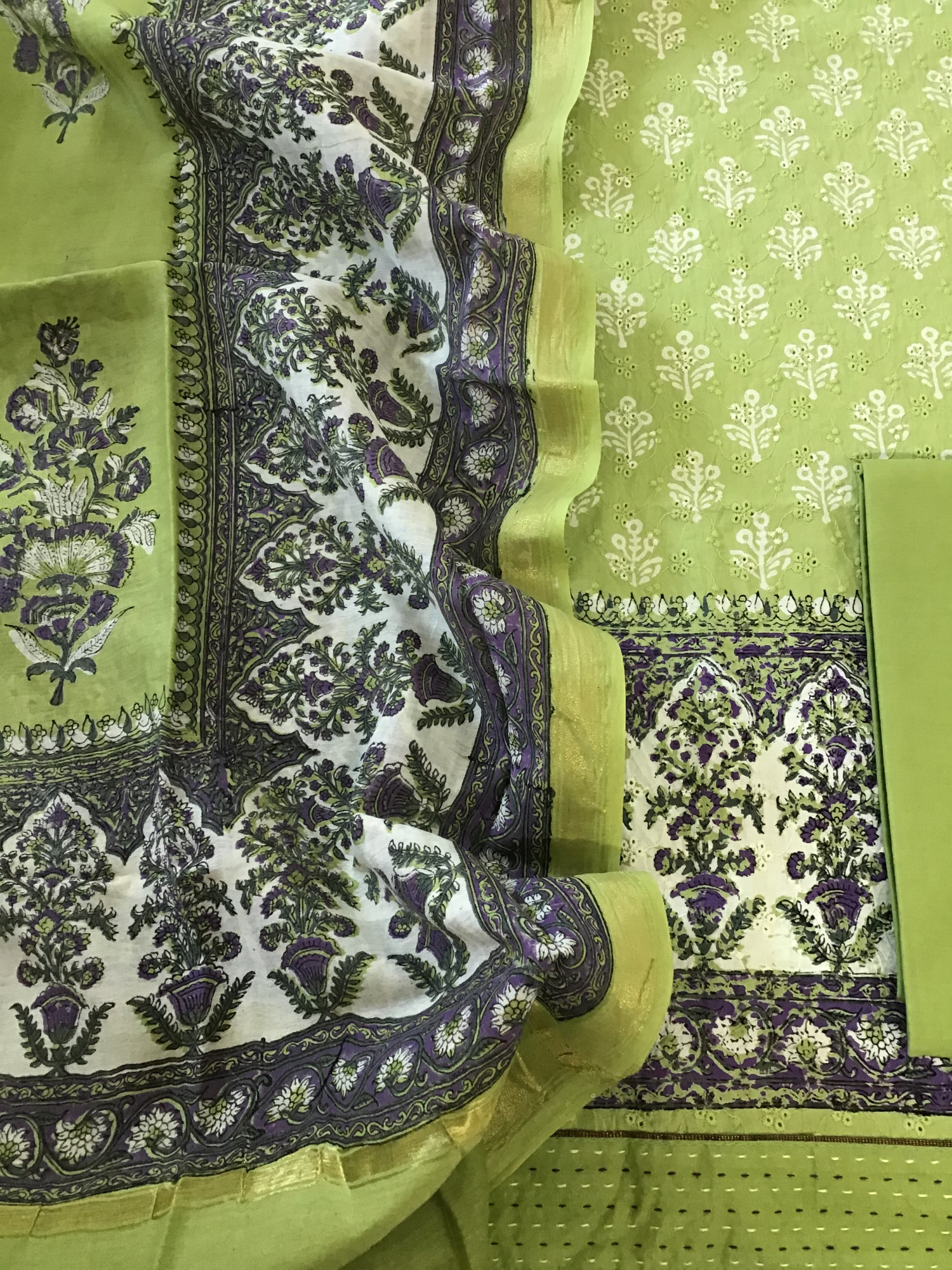Pure Cotton Printed Embroidered Suit - Green
