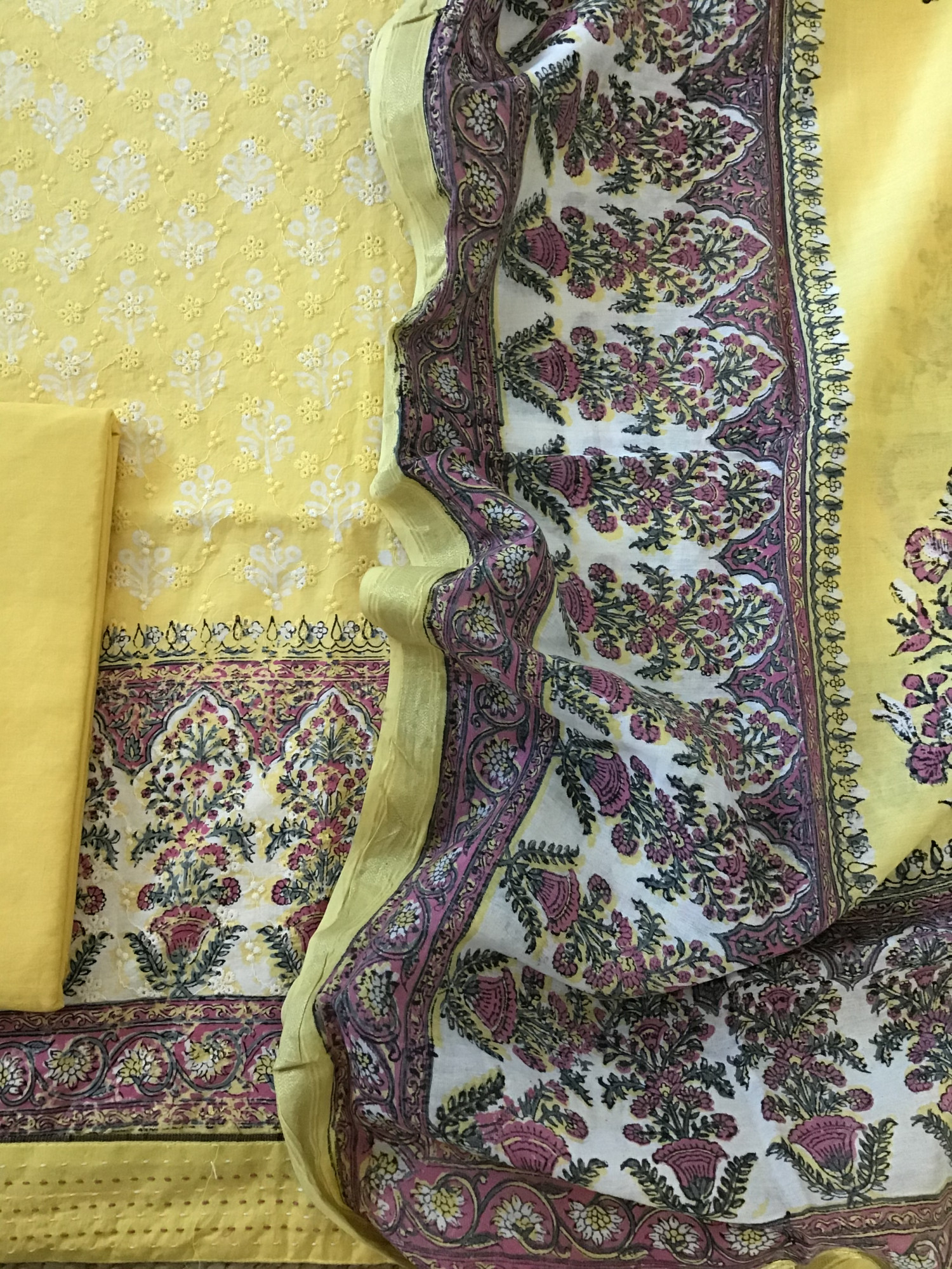 Pure Cotton Printed Embroidered Suit - Yellow