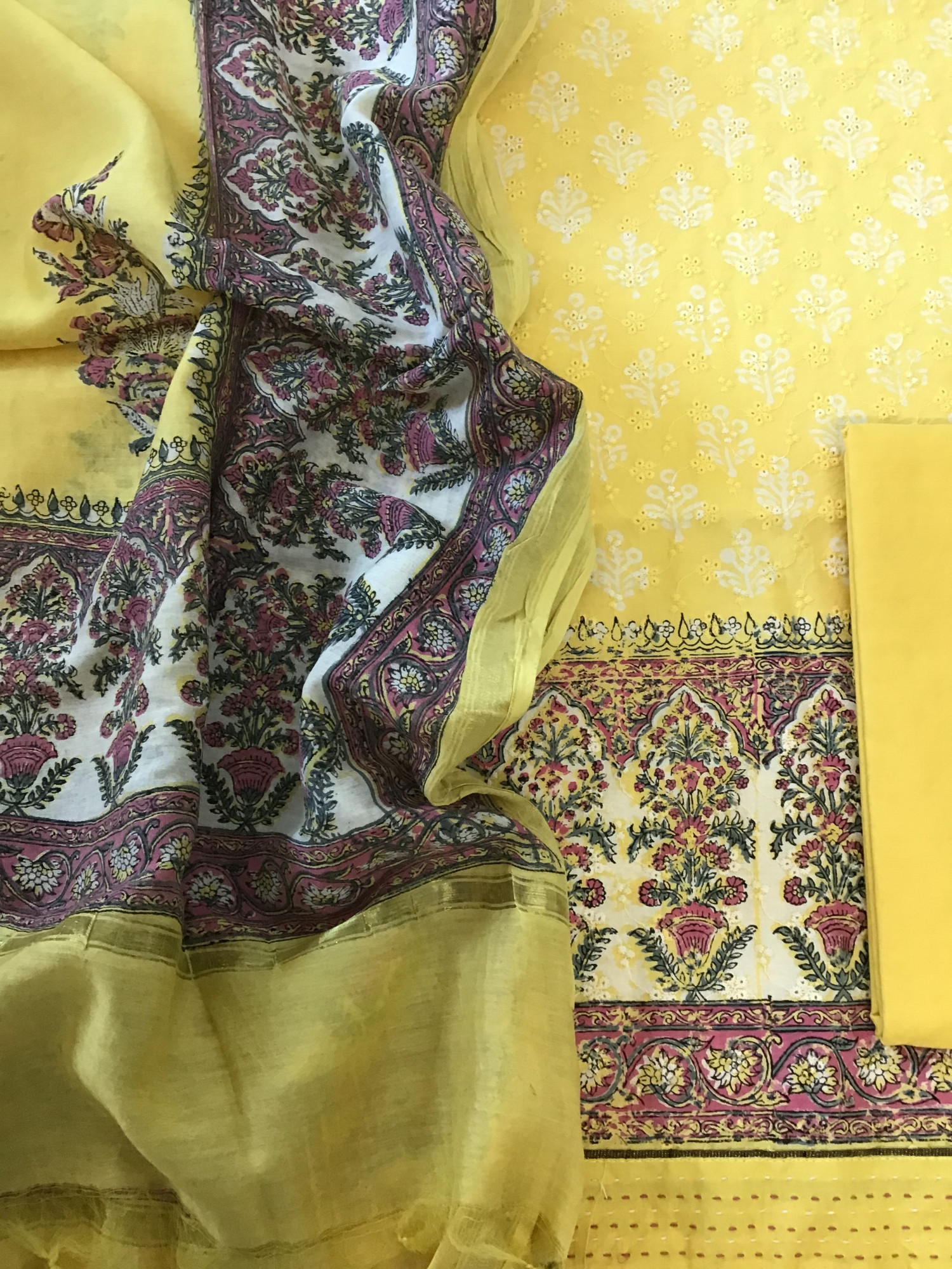 Pure Cotton Printed Embroidered Suit - Yellow