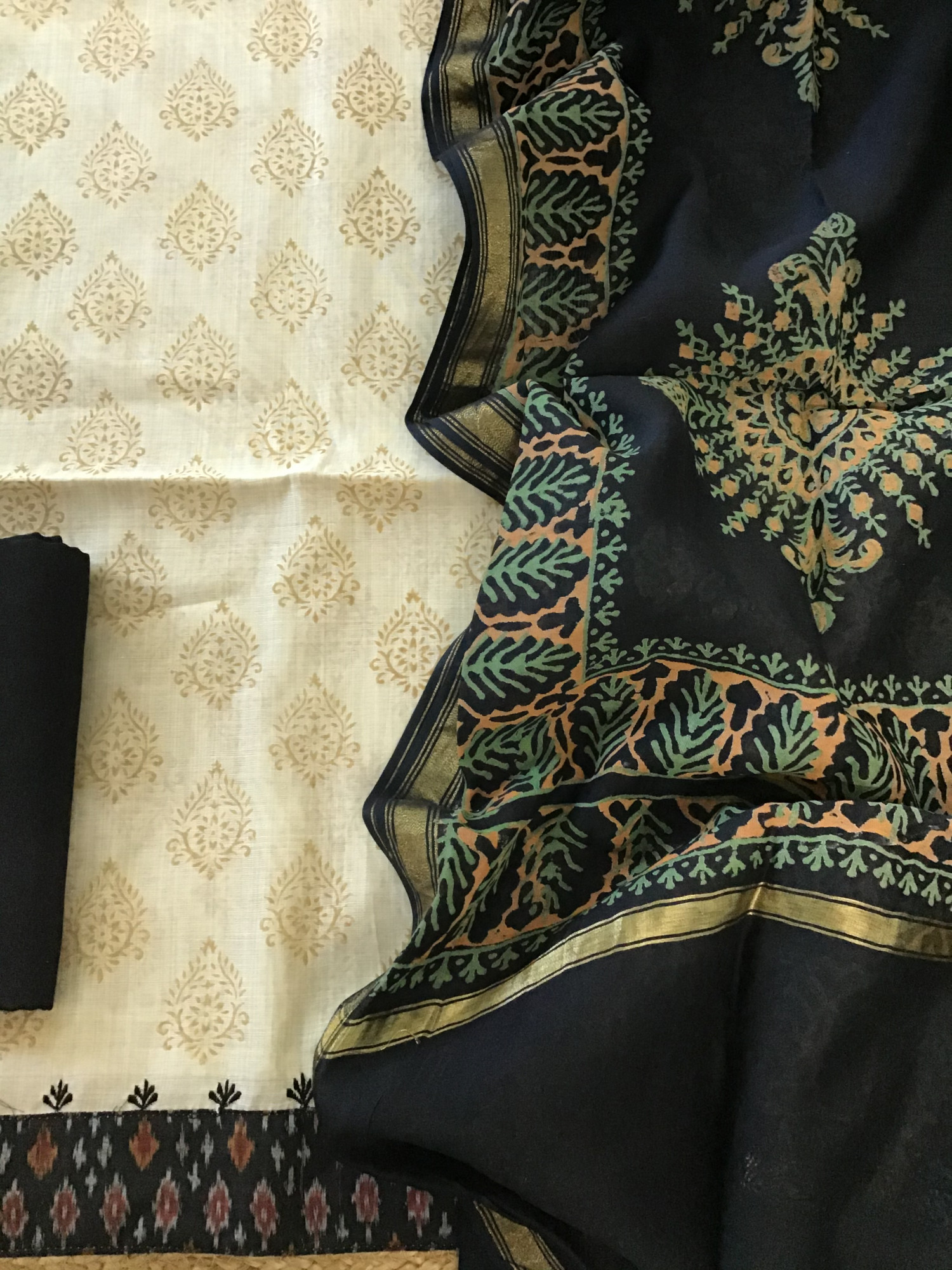 Pure Slub Chanderi Printed Embroidered Suit - BeigeBlack