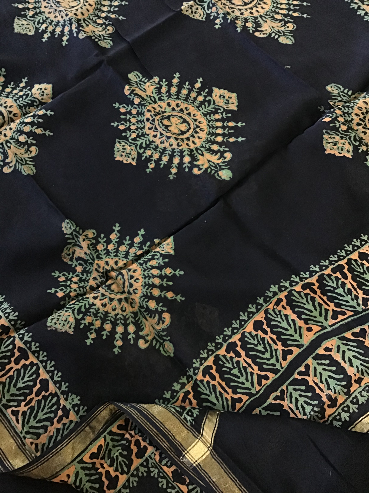 Pure Slub Chanderi Printed Embroidered Suit - BeigeBlack