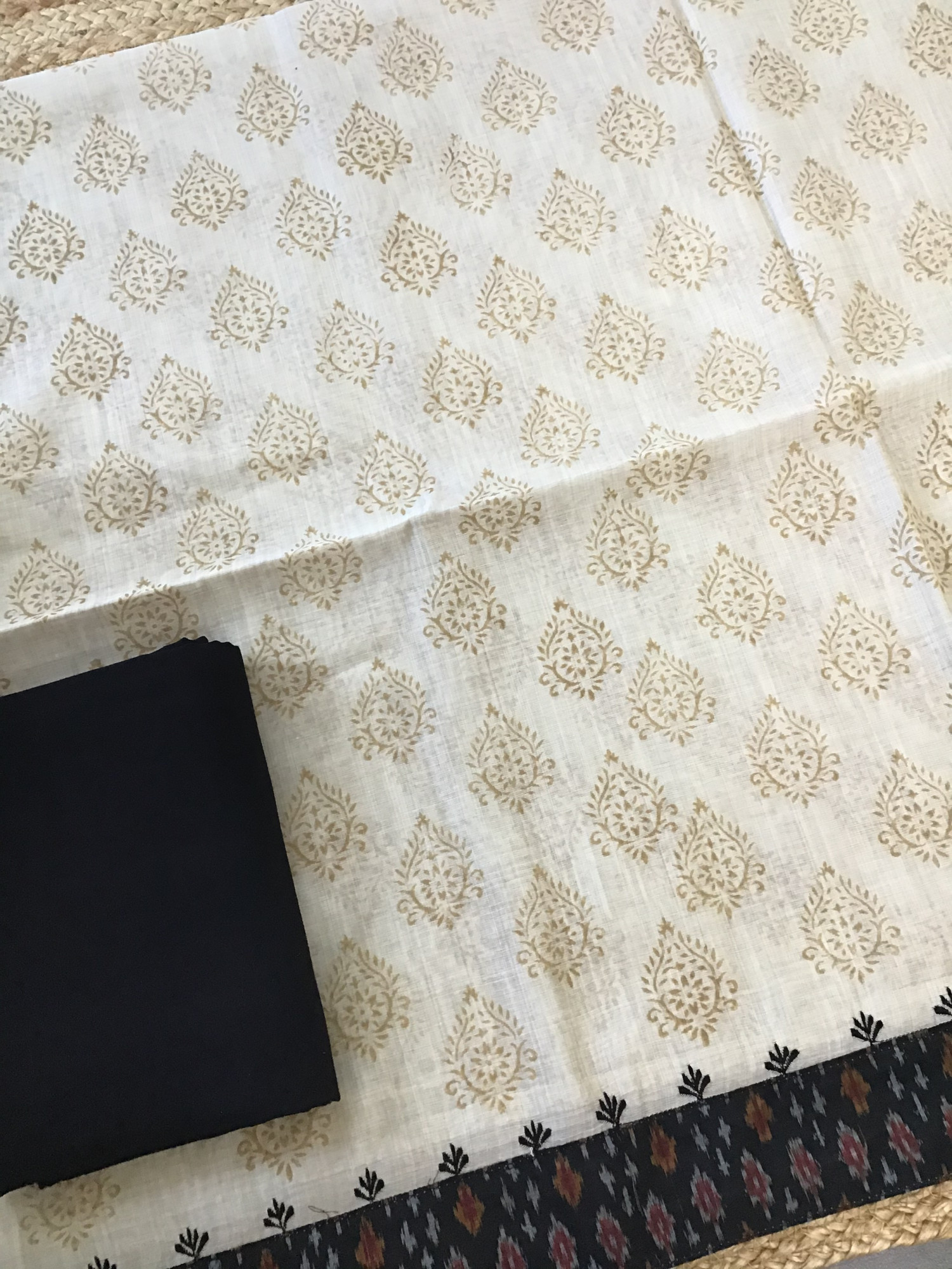 Pure Slub Chanderi Printed Embroidered Suit - BeigeBlack