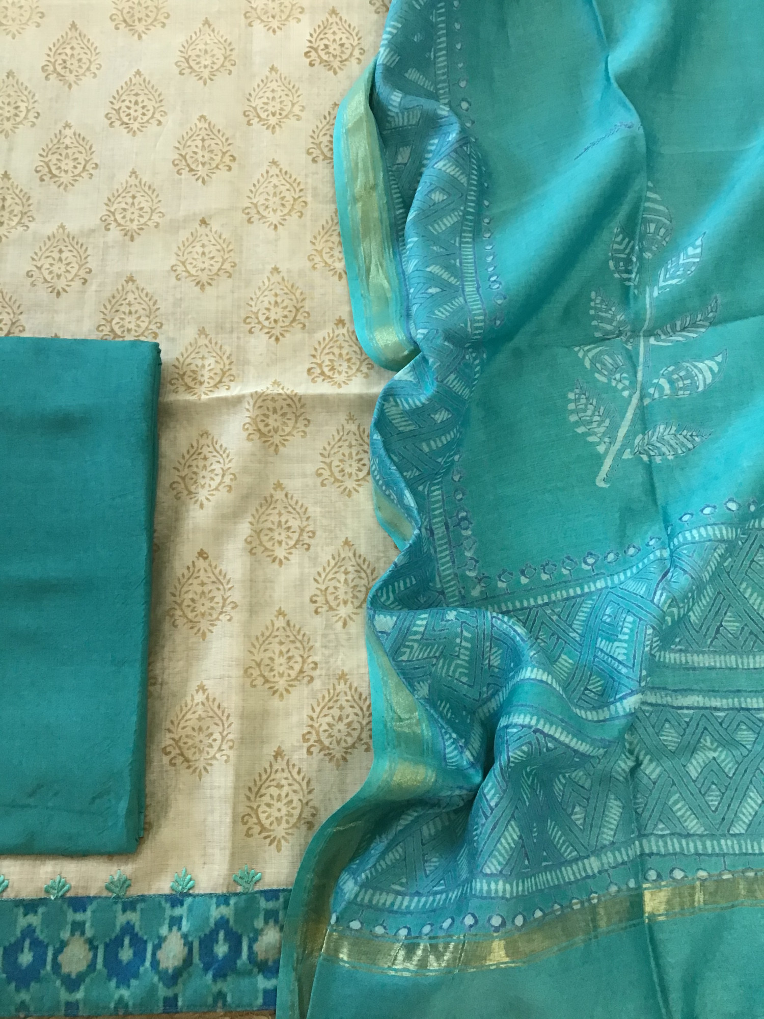 Pure Slub Chanderi Printed Embroidered Suit - BeigePhiroze