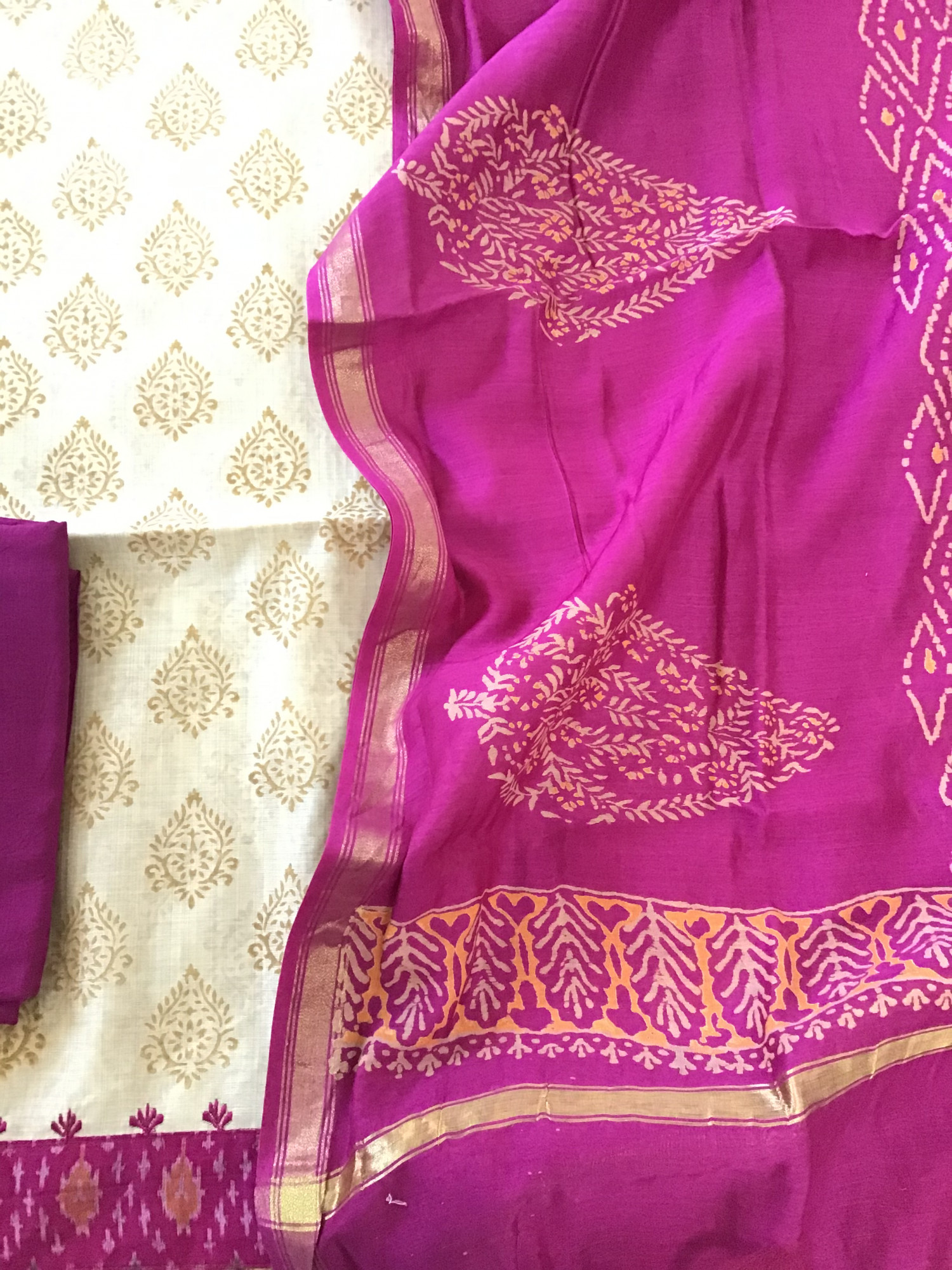 Pure Slub Chanderi Printed Embroidered Suit - BeigeMagenta