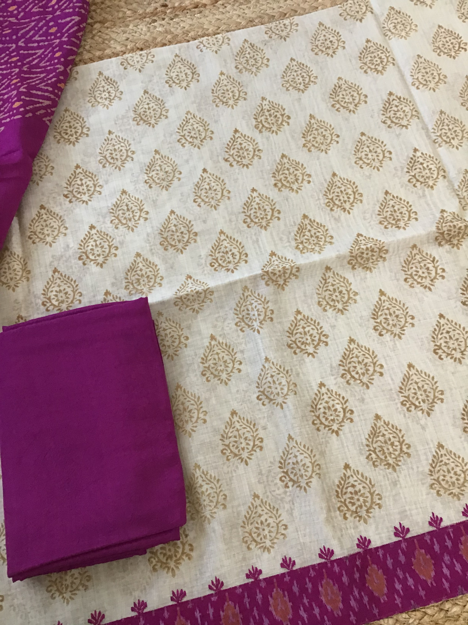 Pure Slub Chanderi Printed Embroidered Suit - BeigeMagenta