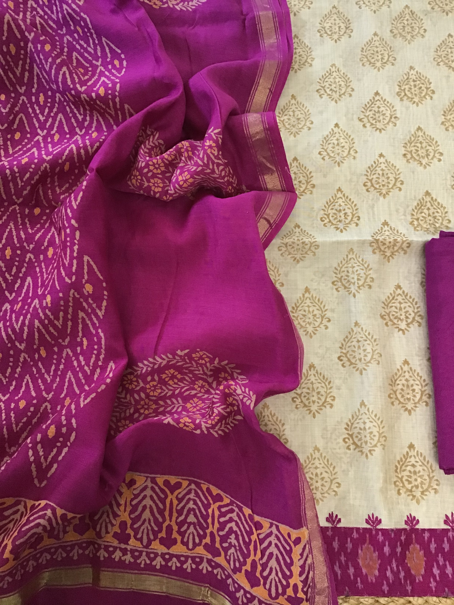 Pure Slub Chanderi Printed Embroidered Suit - BeigeMagenta