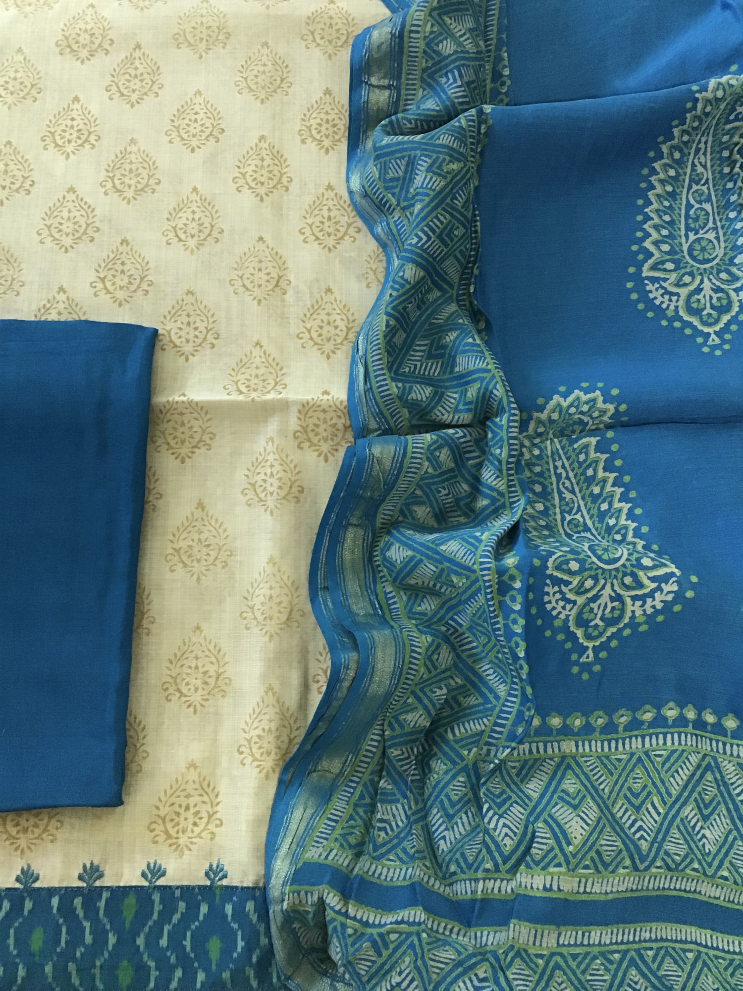 Pure Slub Chanderi Printed Embroidered Suit - BeigeBlue