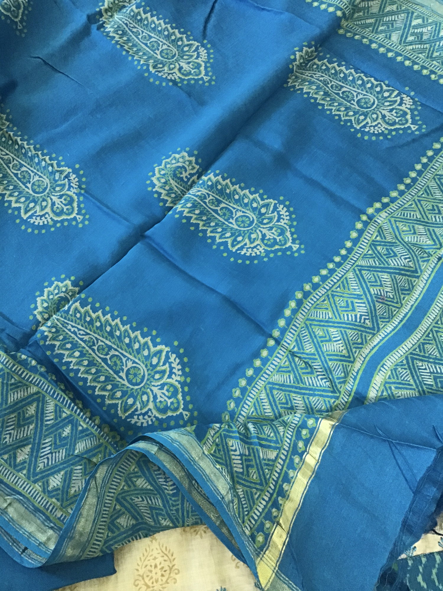 Pure Slub Chanderi Printed Embroidered Suit - BeigeBlue