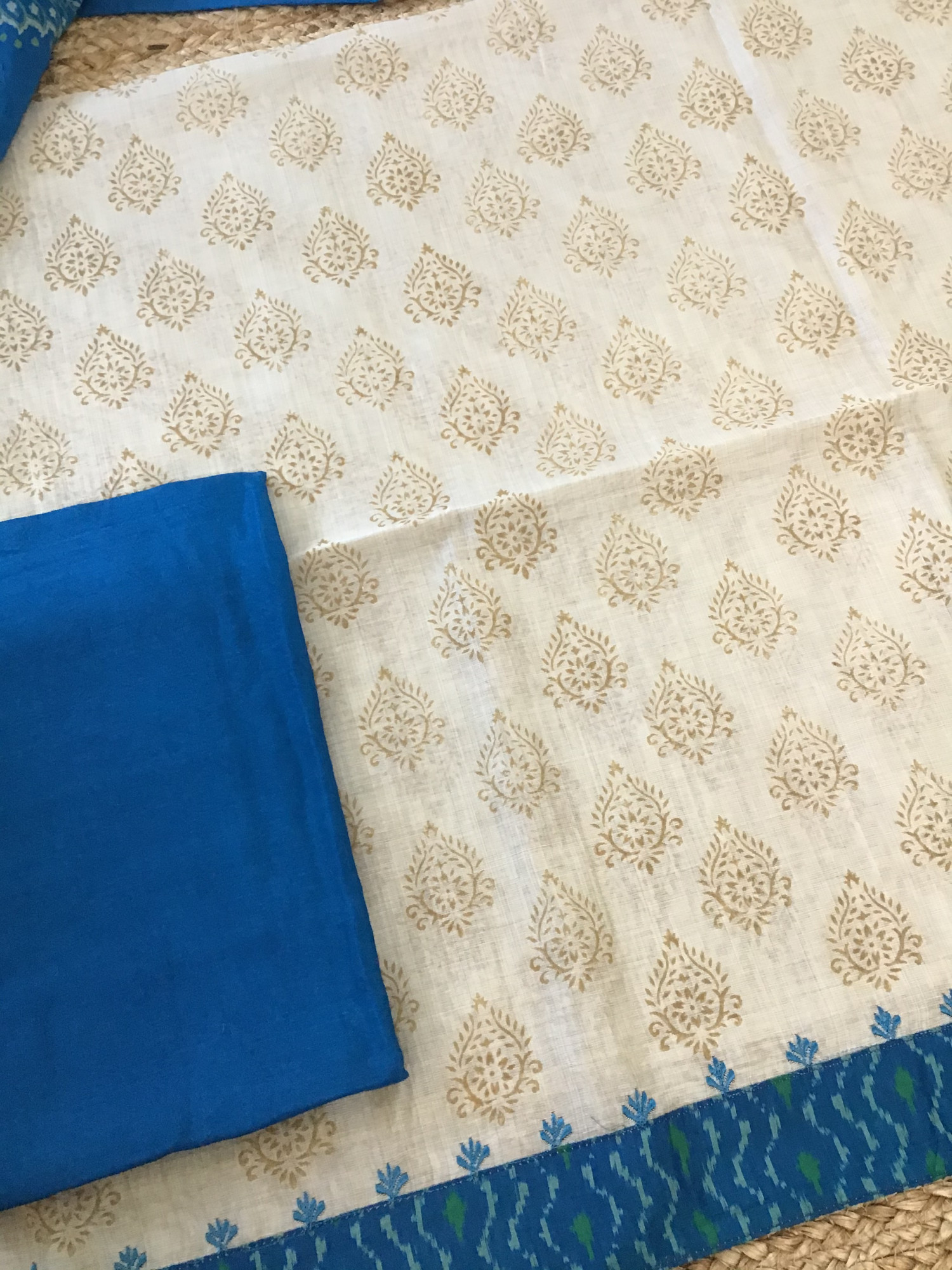 Pure Slub Chanderi Printed Embroidered Suit - BeigeBlue