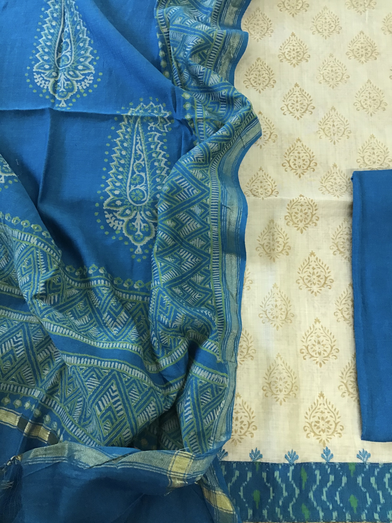 Pure Slub Chanderi Printed Embroidered Suit - BeigeBlue