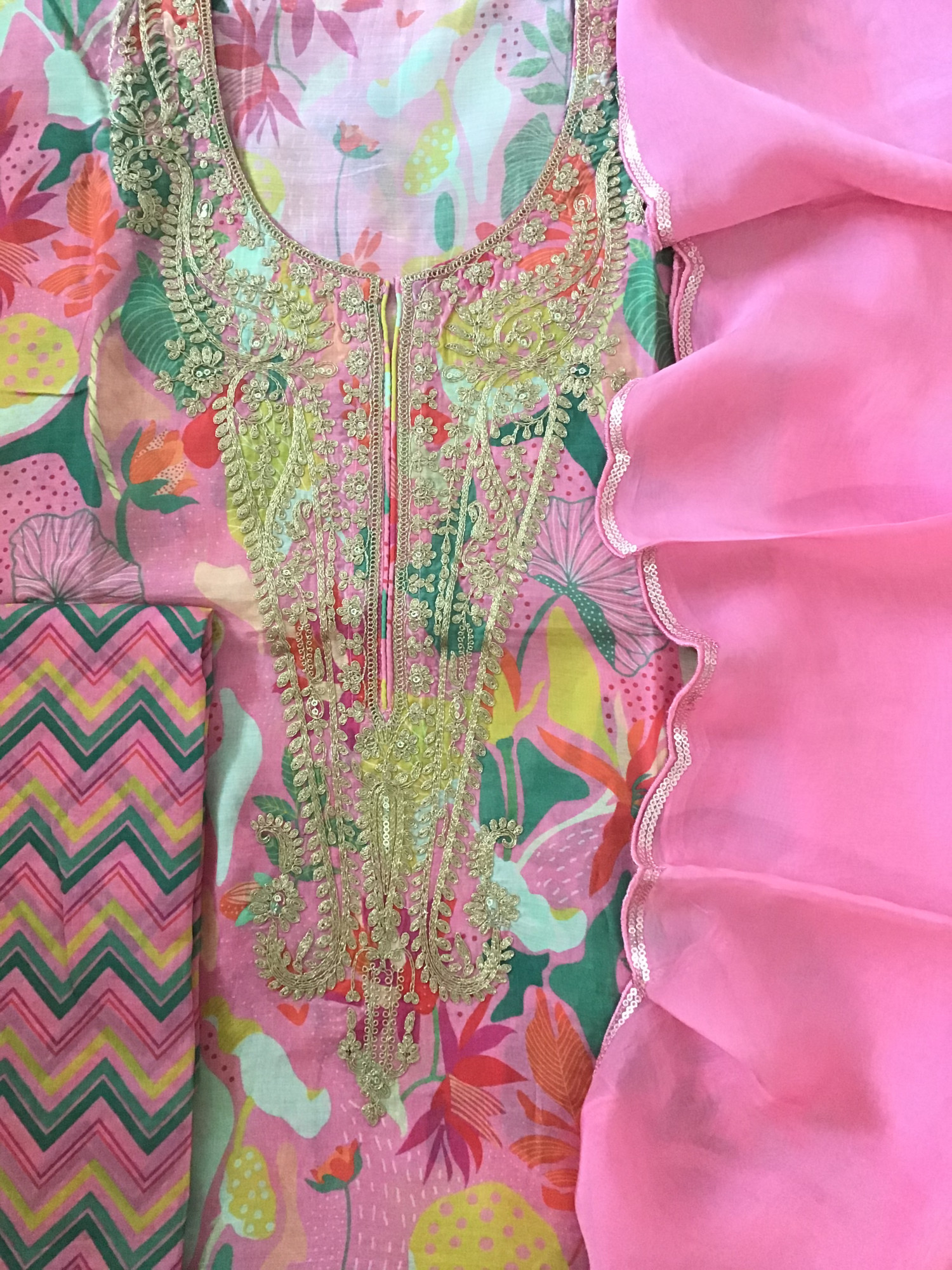 Pure Muslin Silk Printed Embroidered Suit - Pink