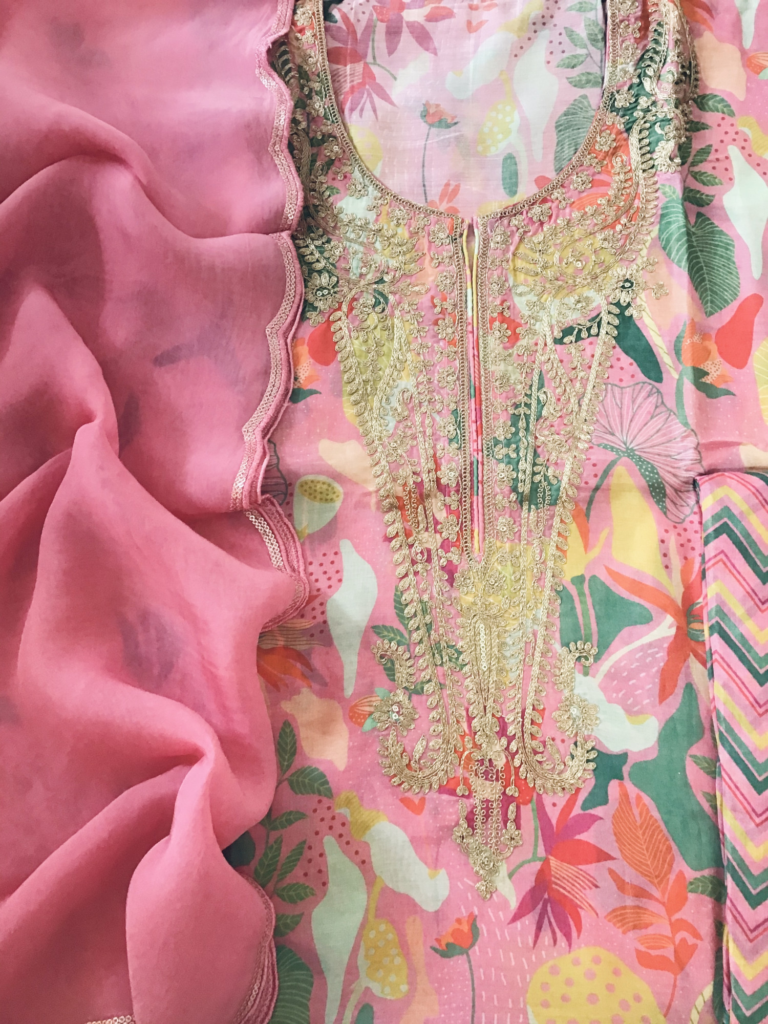 Pure Muslin Silk Printed Embroidered Suit - Pink