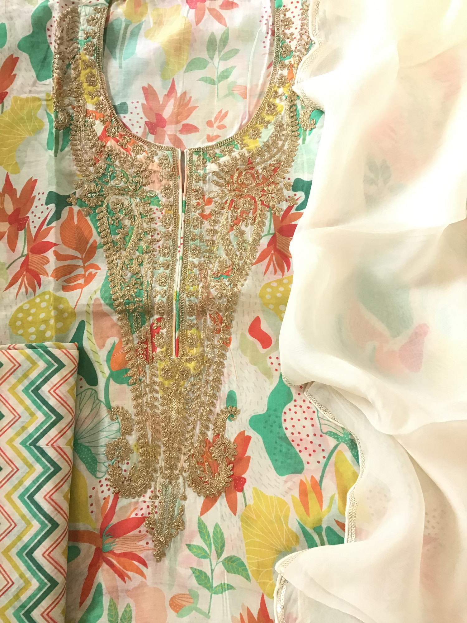 Pure Muslin Silk Printed Embroidered Suit - Off White