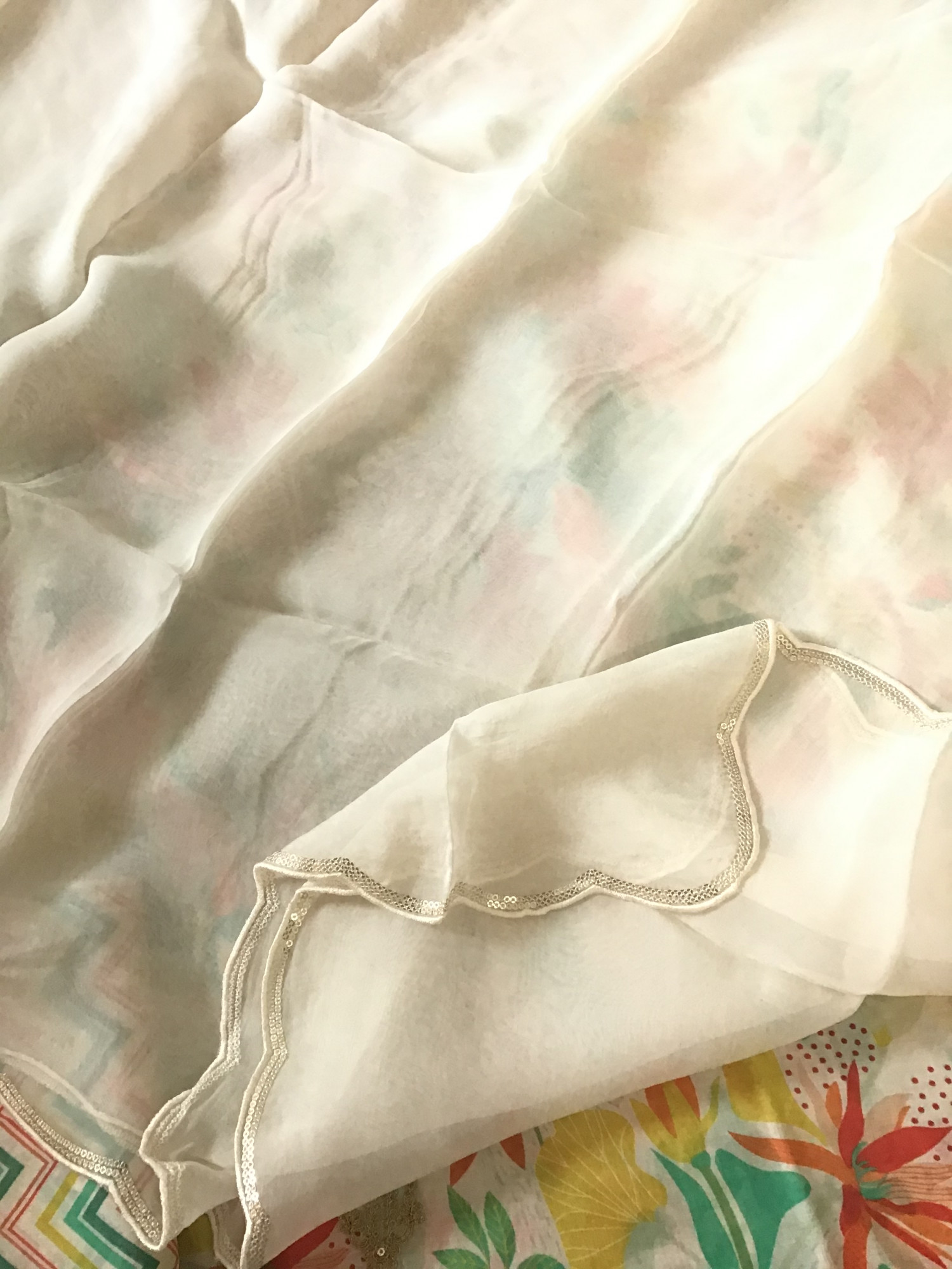 Pure Muslin Silk Printed Embroidered Suit - Off White