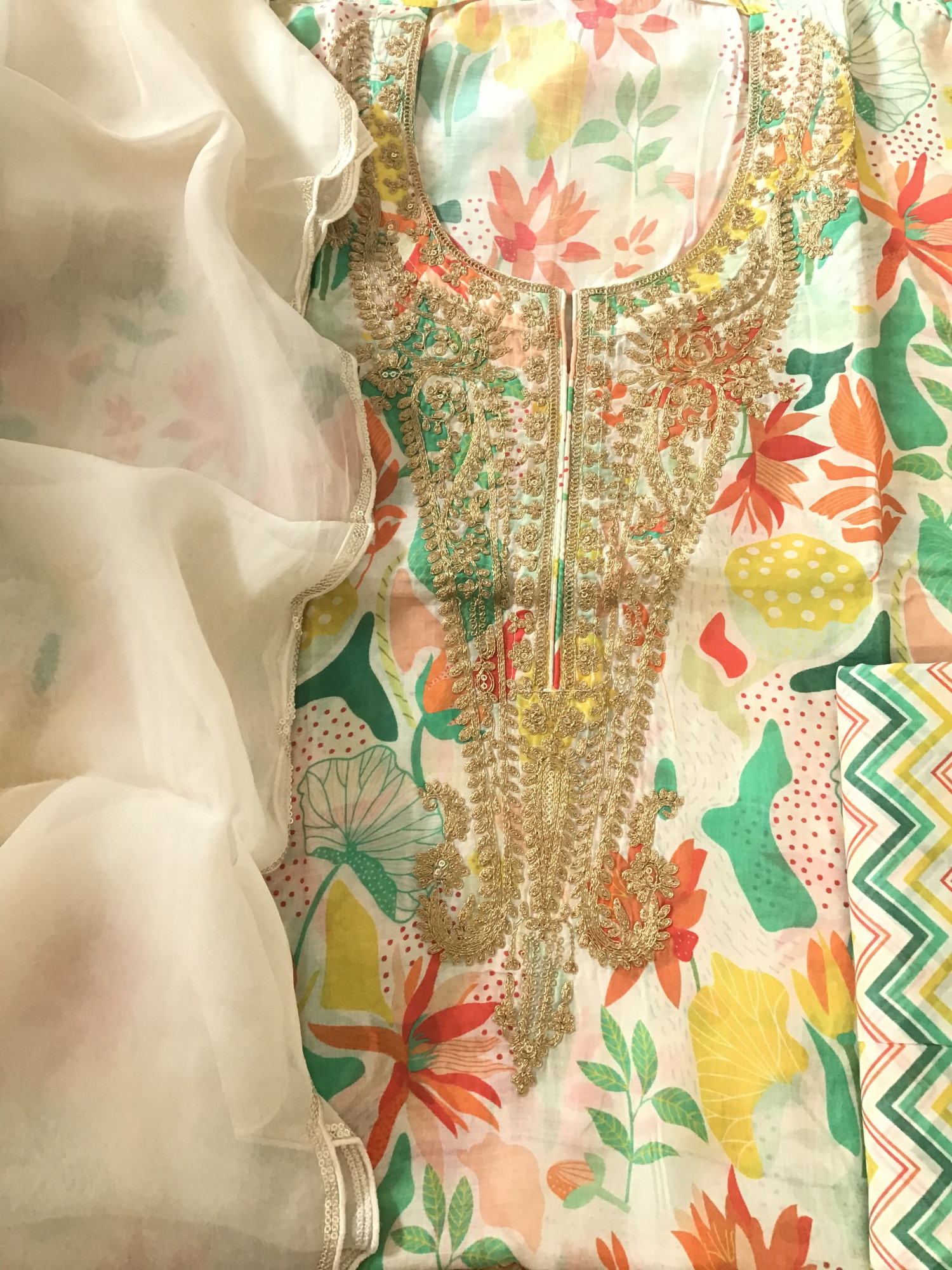 Pure Muslin Silk Printed Embroidered Suit - Off White