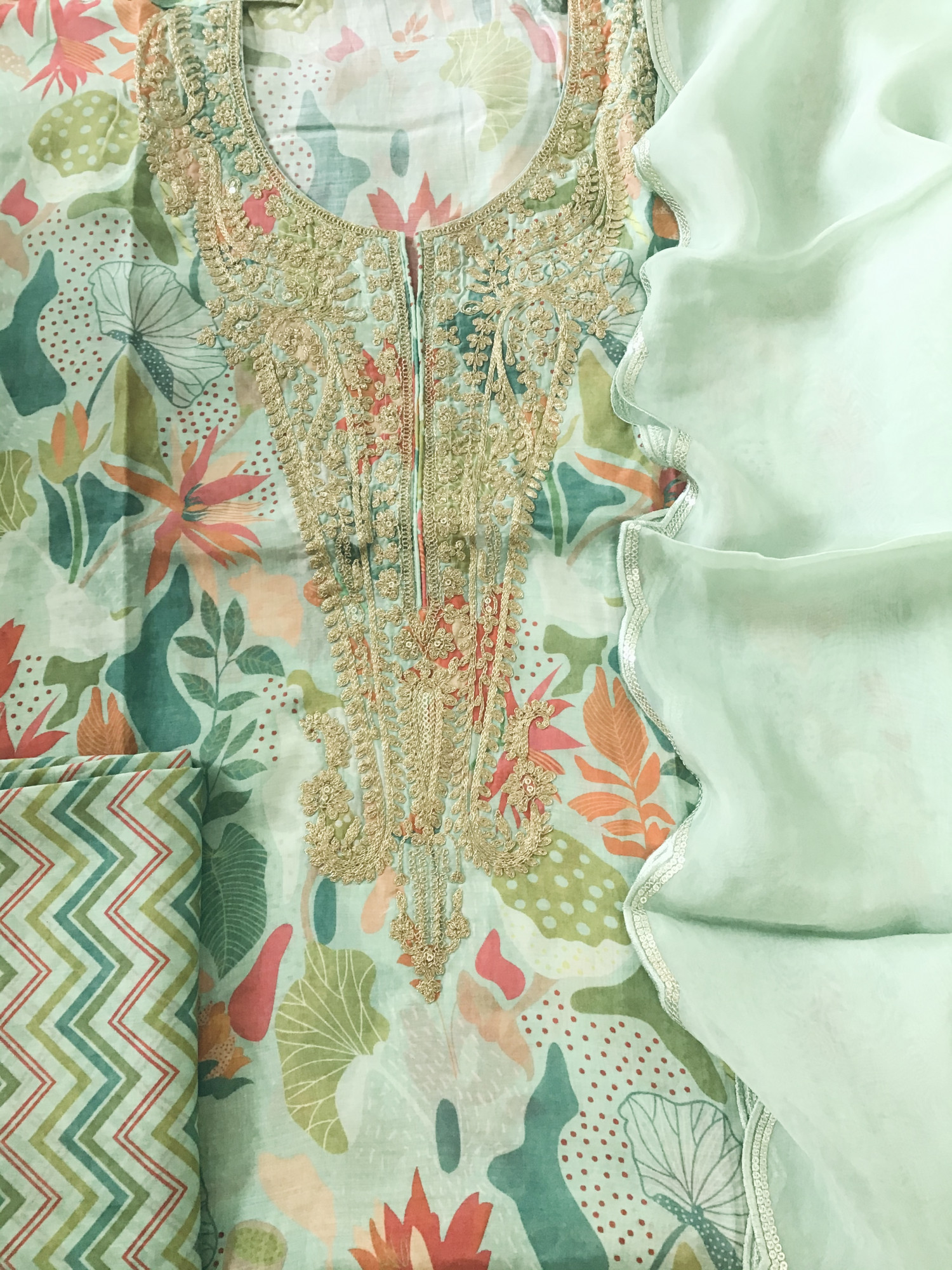 Pure Muslin Silk Printed Embroidered Suit - Green