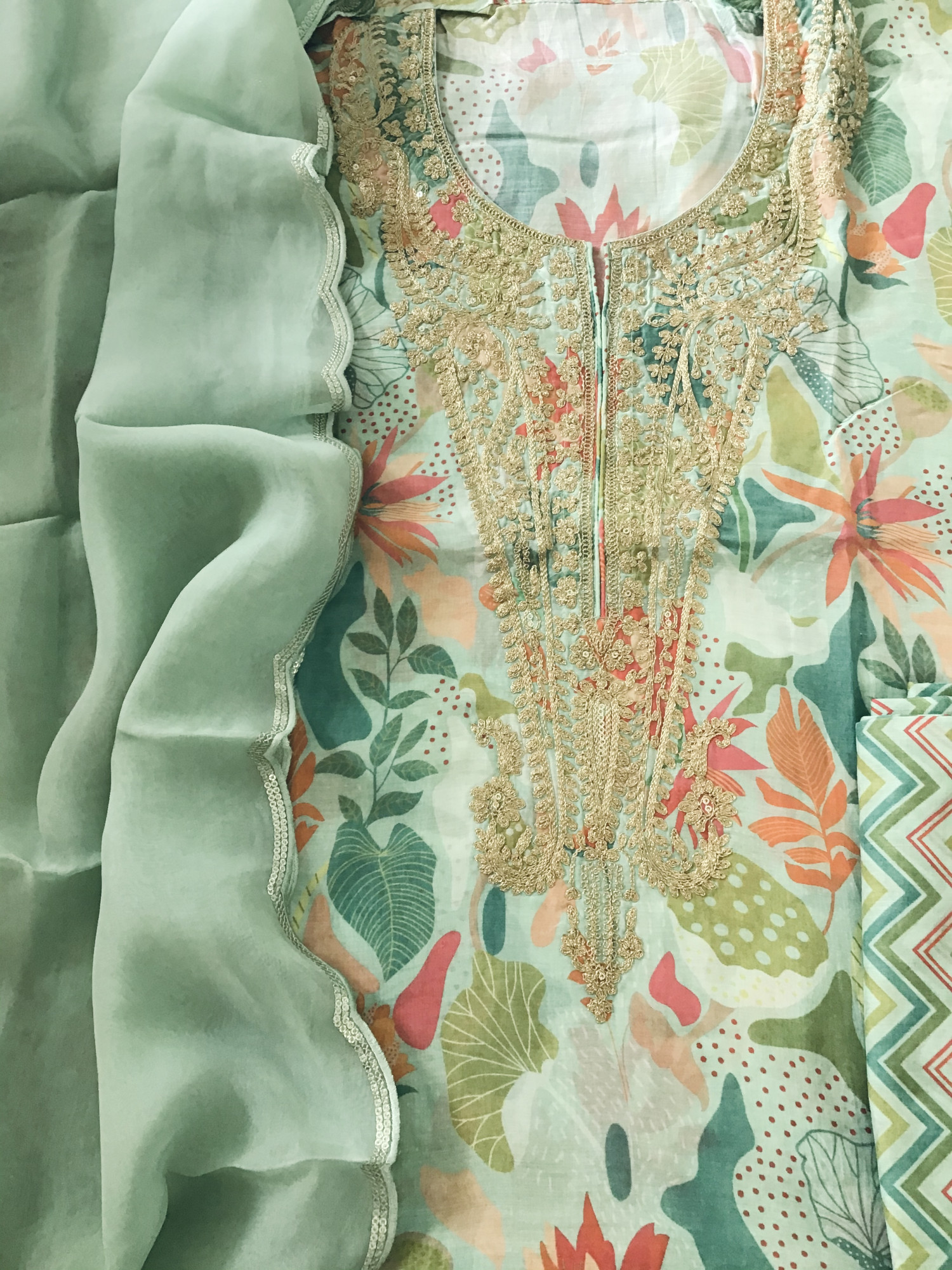 Pure Muslin Silk Printed Embroidered Suit - Green