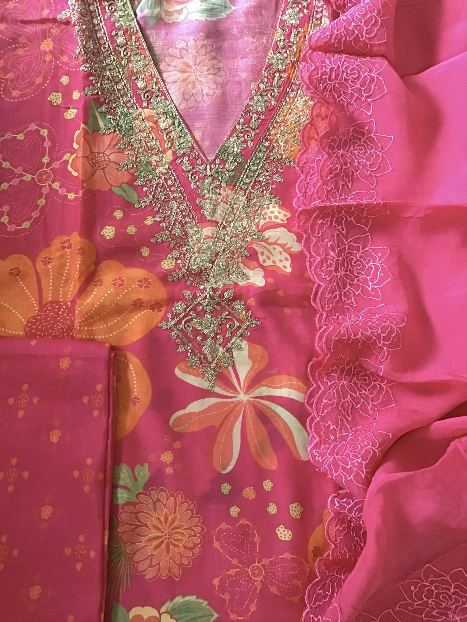 Pure Muslin Silk Printed Embroidered Suit - Pink