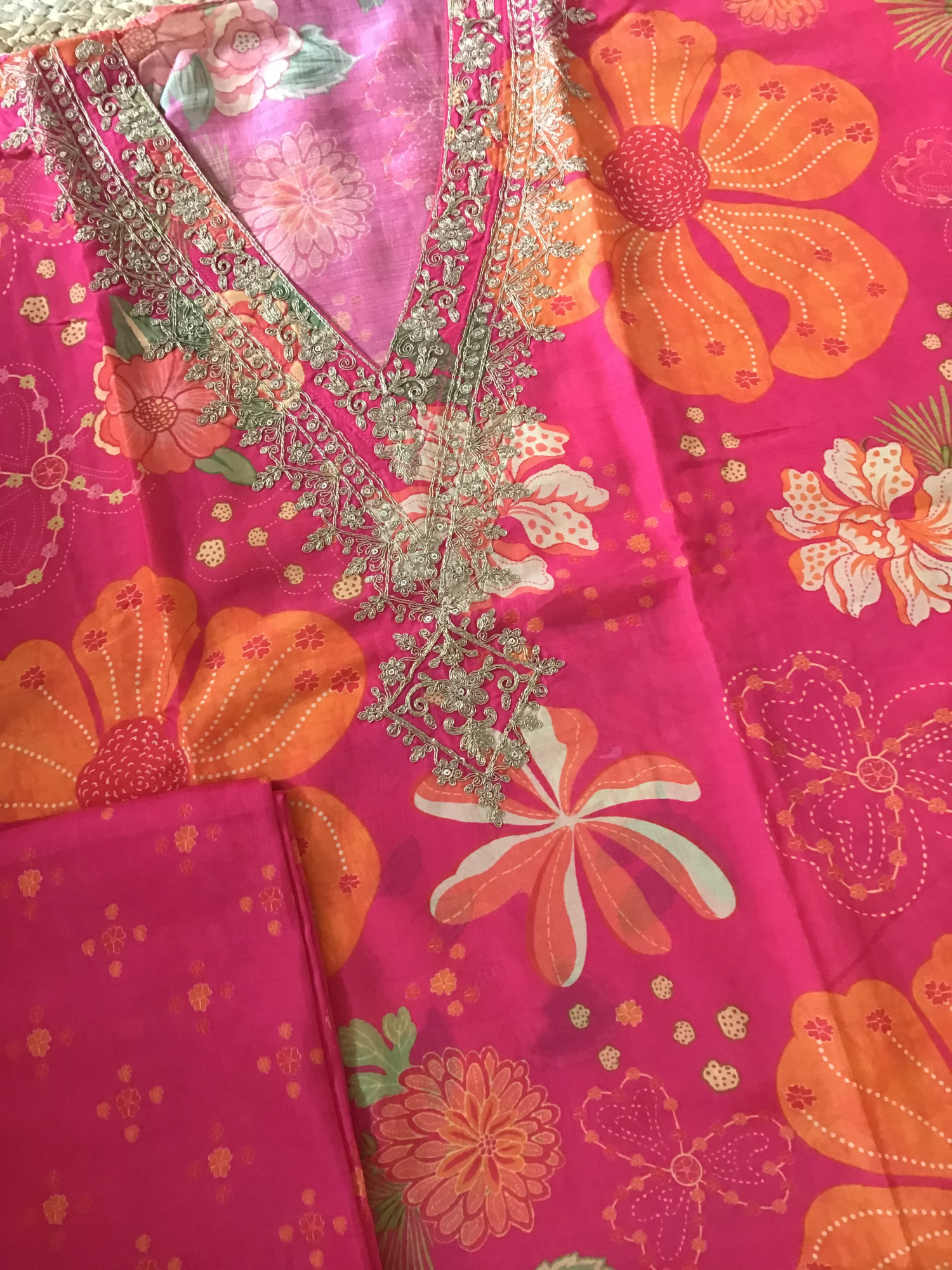 Pure Muslin Silk Printed Embroidered Suit - Pink