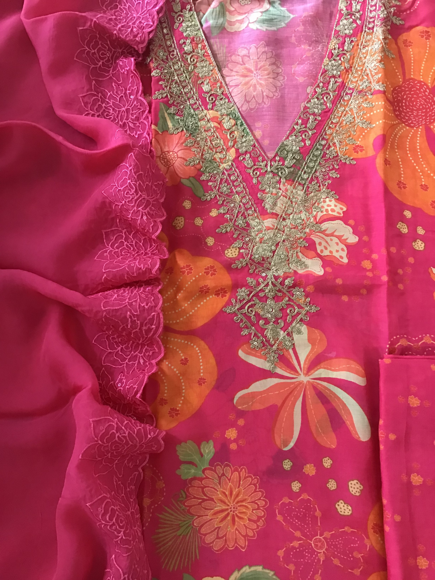 Pure Muslin Silk Printed Embroidered Suit - Pink