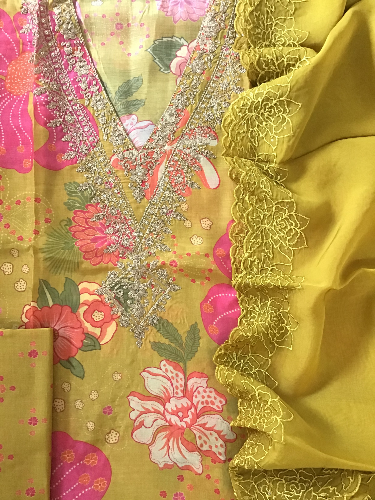 Pure Muslin Silk Printed Embroidered Suit - Yellow