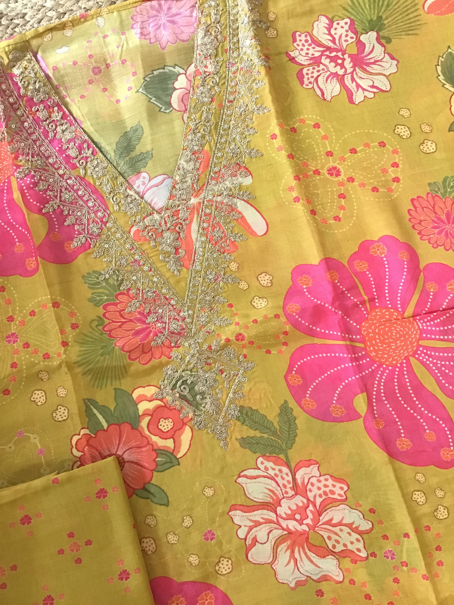 Pure Muslin Silk Printed Embroidered Suit - Yellow